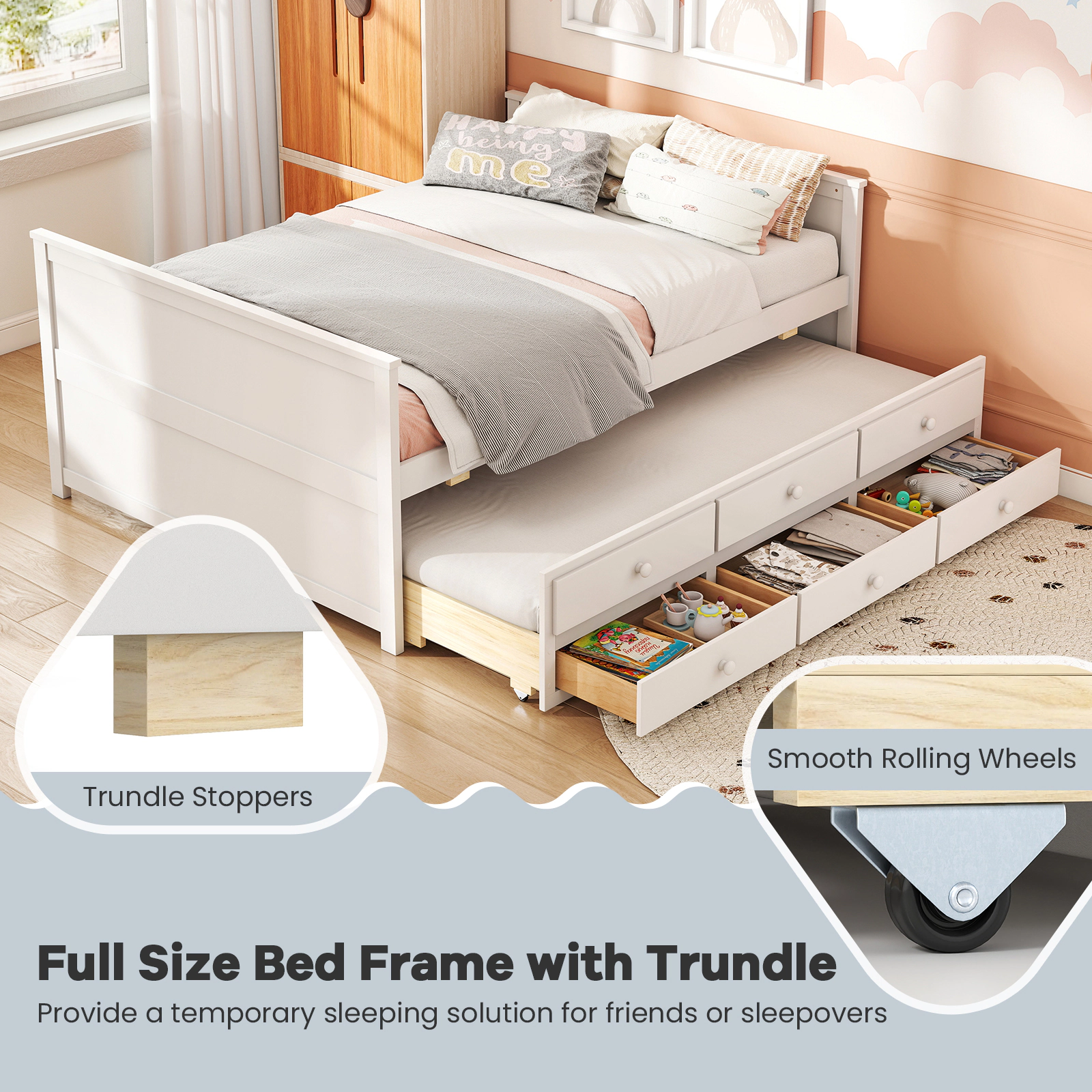 SUGIFT White Twin Trundle and 3 Storage Drawers Full Size Teens Bed Frame
