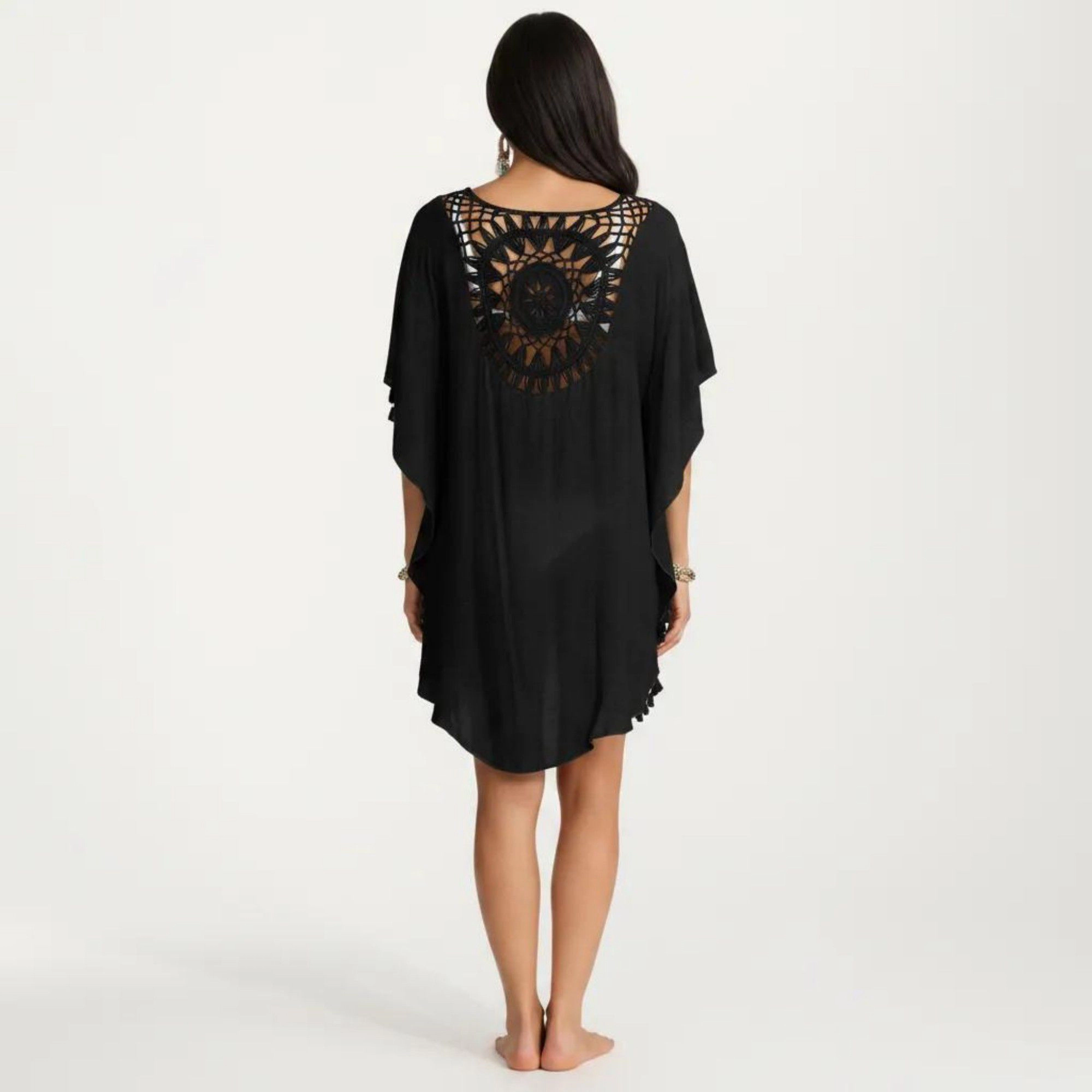 Anna-Kaci Women's Crochet Medallion Tassel Trim Relaxed Boho Silhouette Swim Cover Up Dress