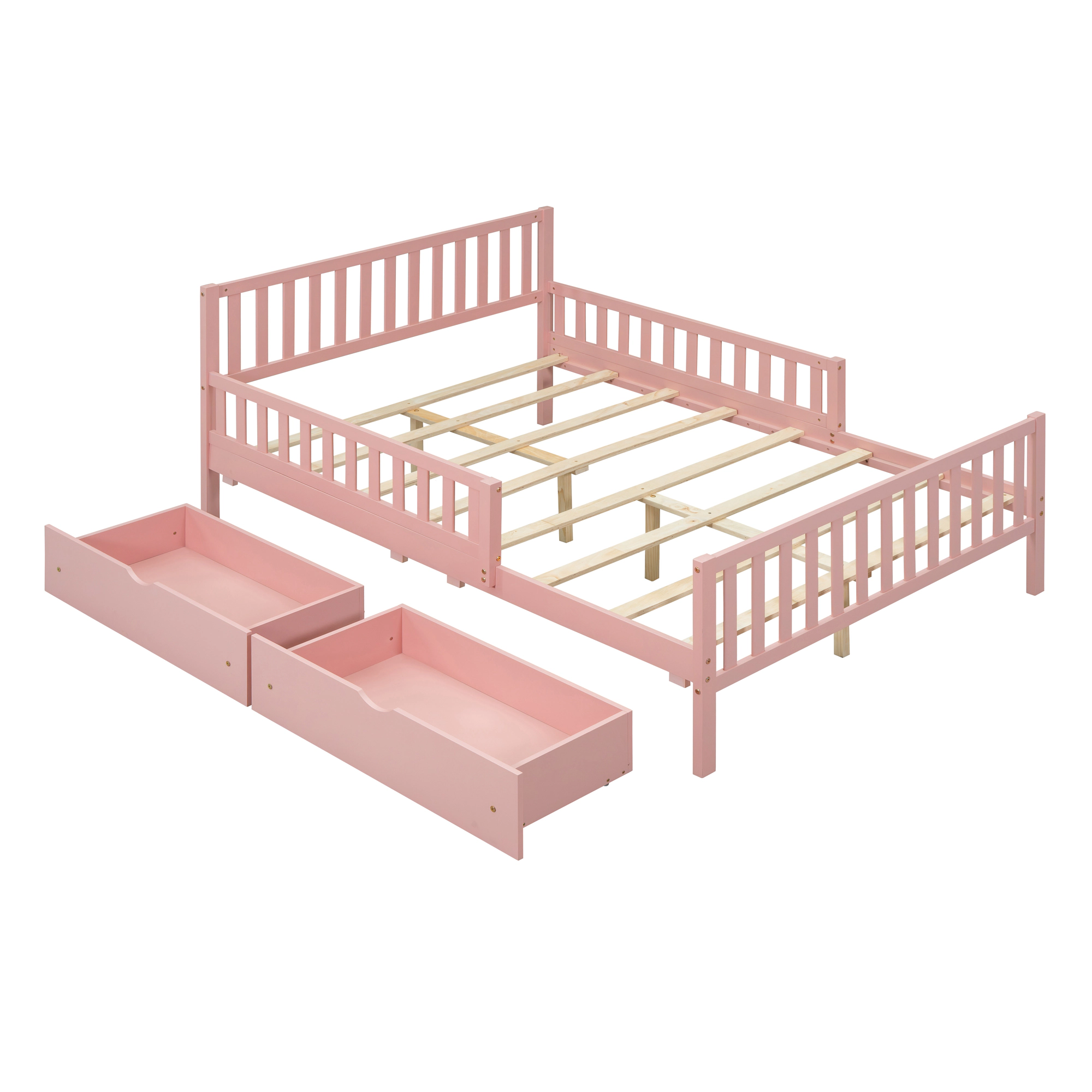 Flynama Full Wood Platform Bed with Guardrails & 2 Storage Drawers, Pink