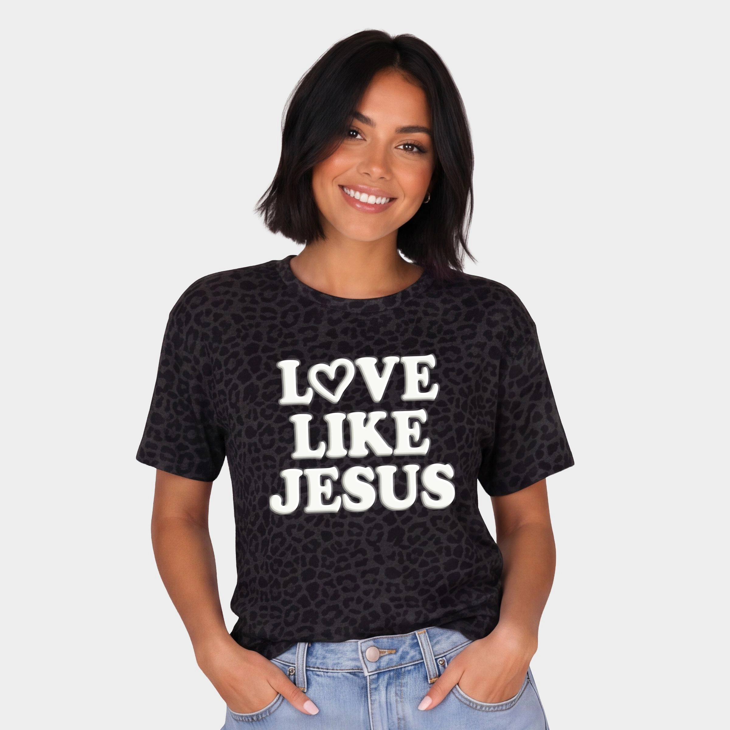 Simply Sage Market - Women's Leopard Print Tee Love Like Jesus Heart Bold Puff