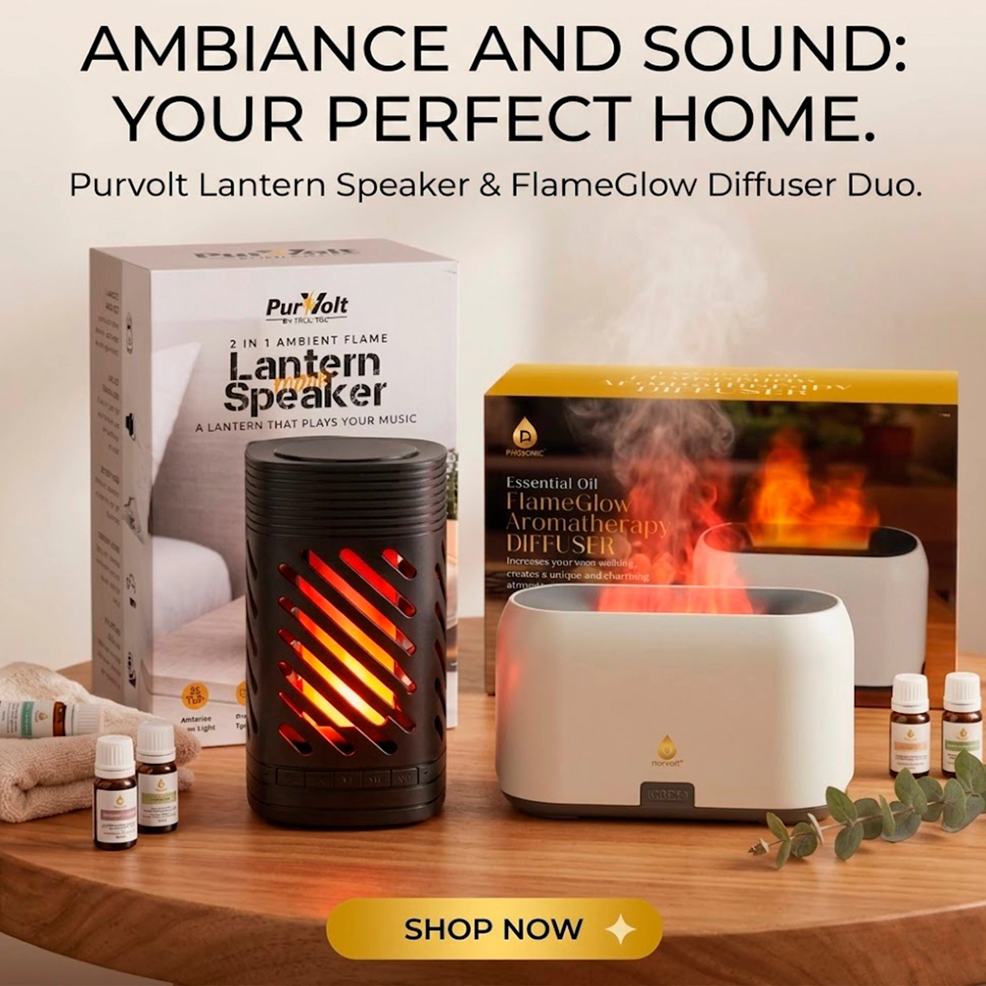 Pursonic Unisex Ambient Flame Lantern Speaker & FlameGlow Aromatherapy Diffuser 2-in-1 Home Wellness Set