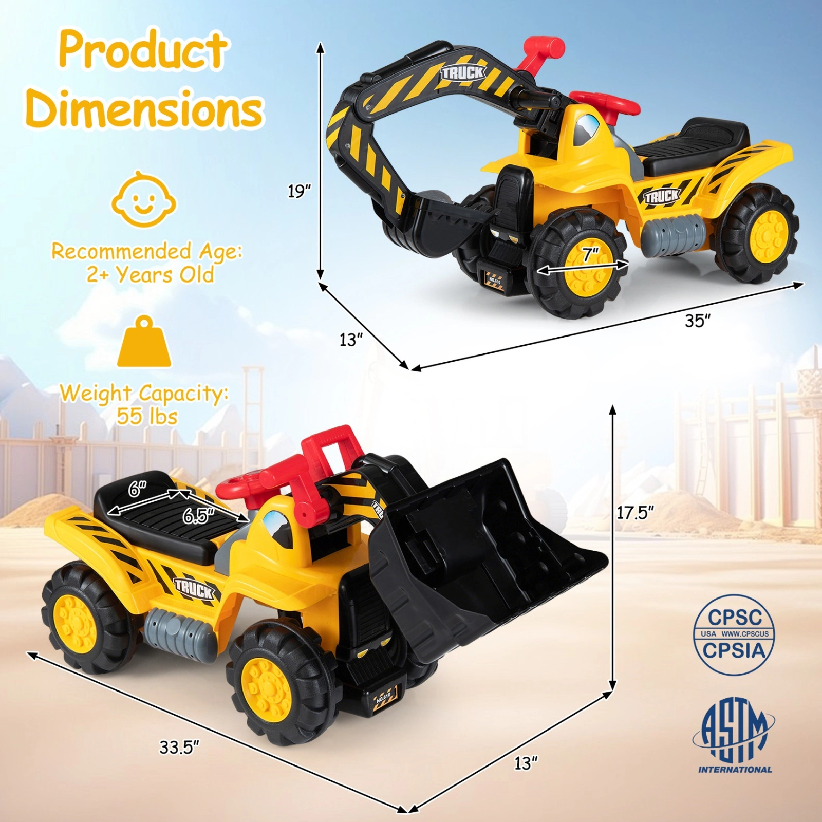 3-in-1 Kids Ride On Excavator Bulldozer Push Car Dual Levers Engine Sound Safety Hat 35-in Digger Ages 2+ 55-lb Load