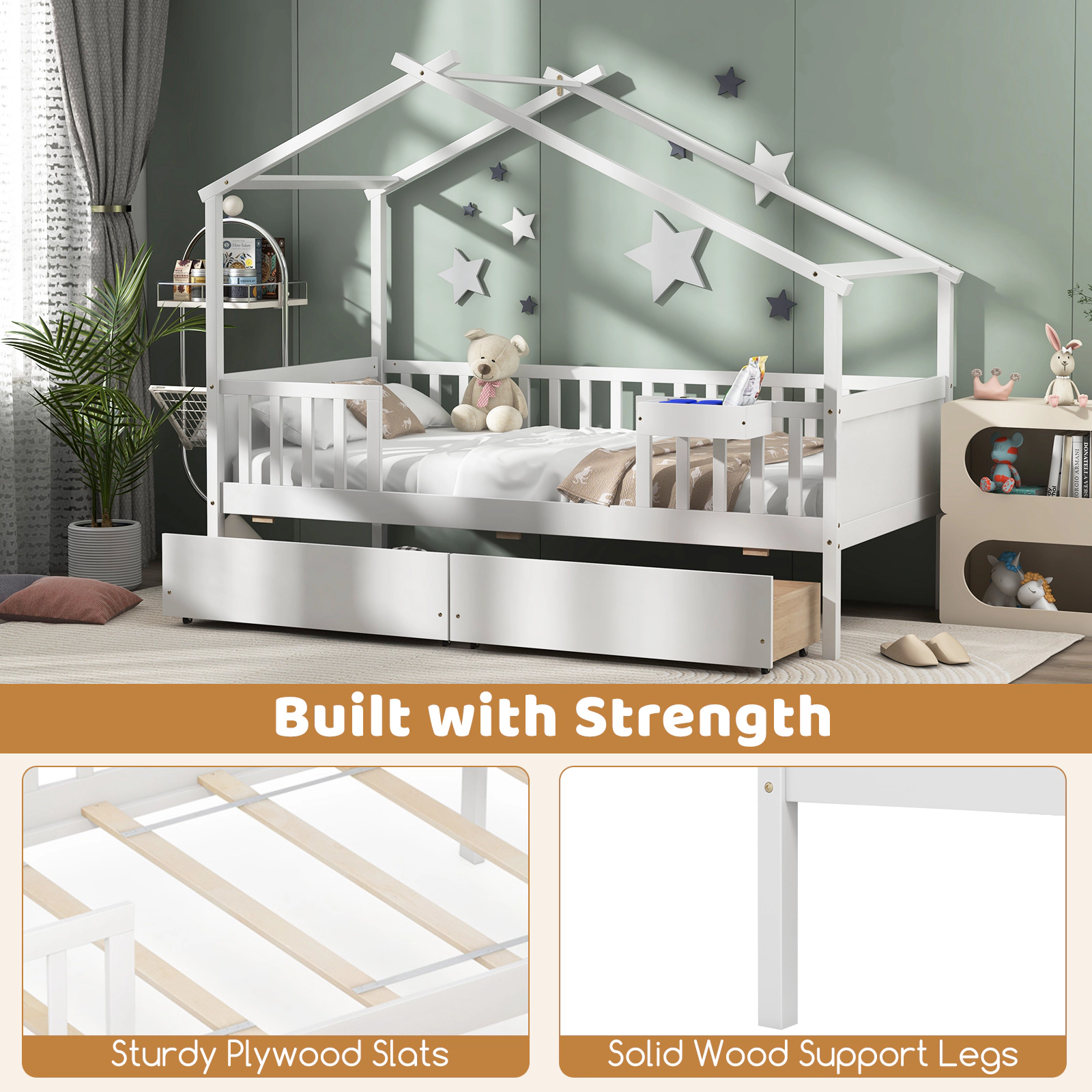 SUGIFT House-Shaped Twin Bed Frame with Roof and Fence Rails 200-lb Capacity with 2 Storage Drawers White