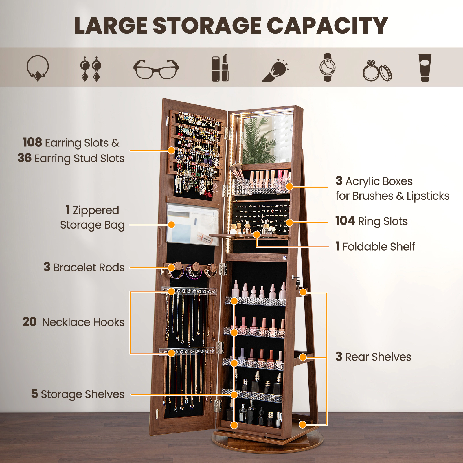 Hivvago Freestanding Jewelry Storage Cabinet with LED Lights