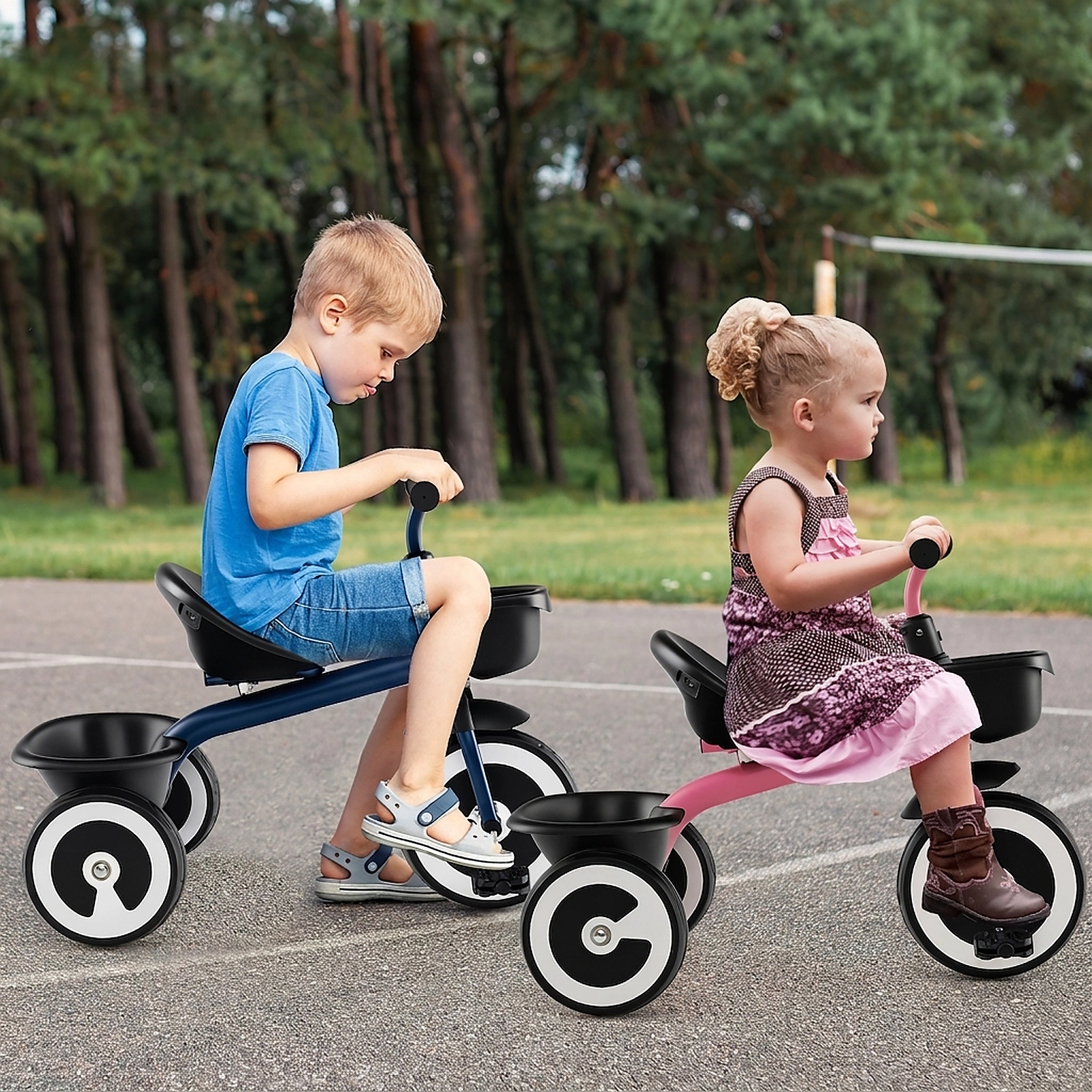 Toddler Trike with Front and Rear Storage Baskets Adjustable Seat and Silent EVA Wheels Ages 1.5-5 Navy Kids Tricycle