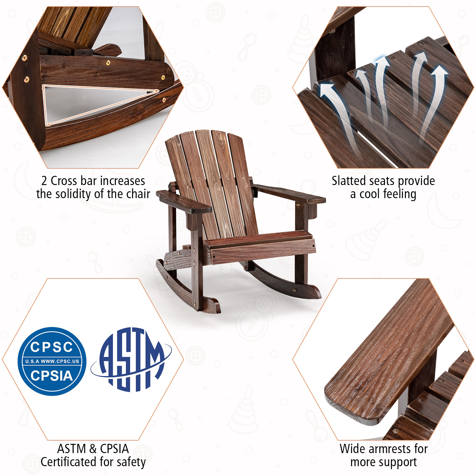 SUGIFT Kids Coffee Brown Adirondack Rocking Chair with Slatted Seat 20-in W 27-in D 24-in H 110-lb Seat Capacity