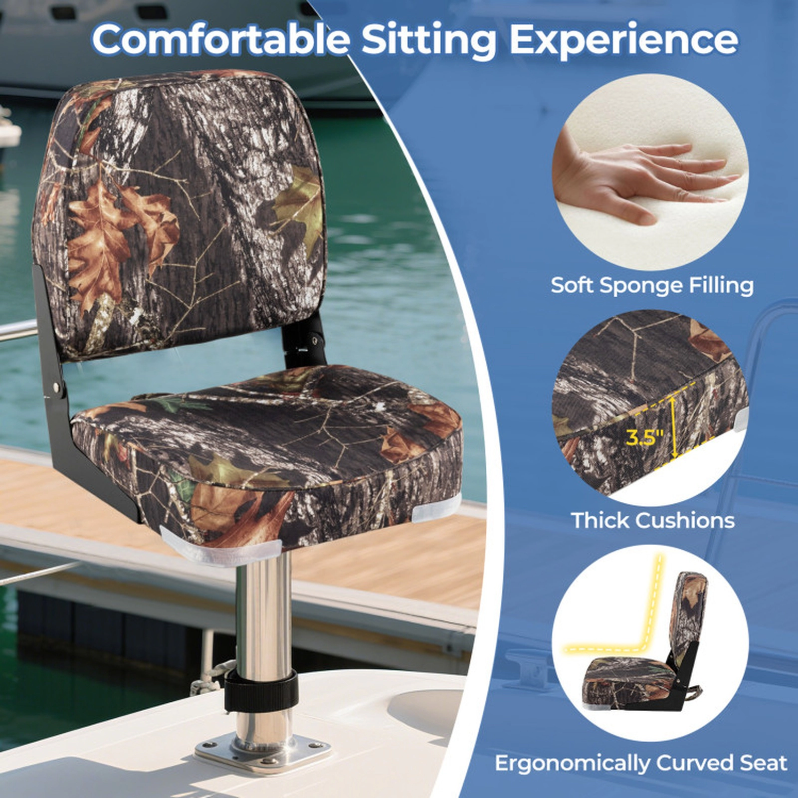 SUGIFT 2-Pack Camouflage Folding Low Back Boat Seats with Fixing Bolts 16-in W 18-in D 18-in H 330-lb Seat Capacity