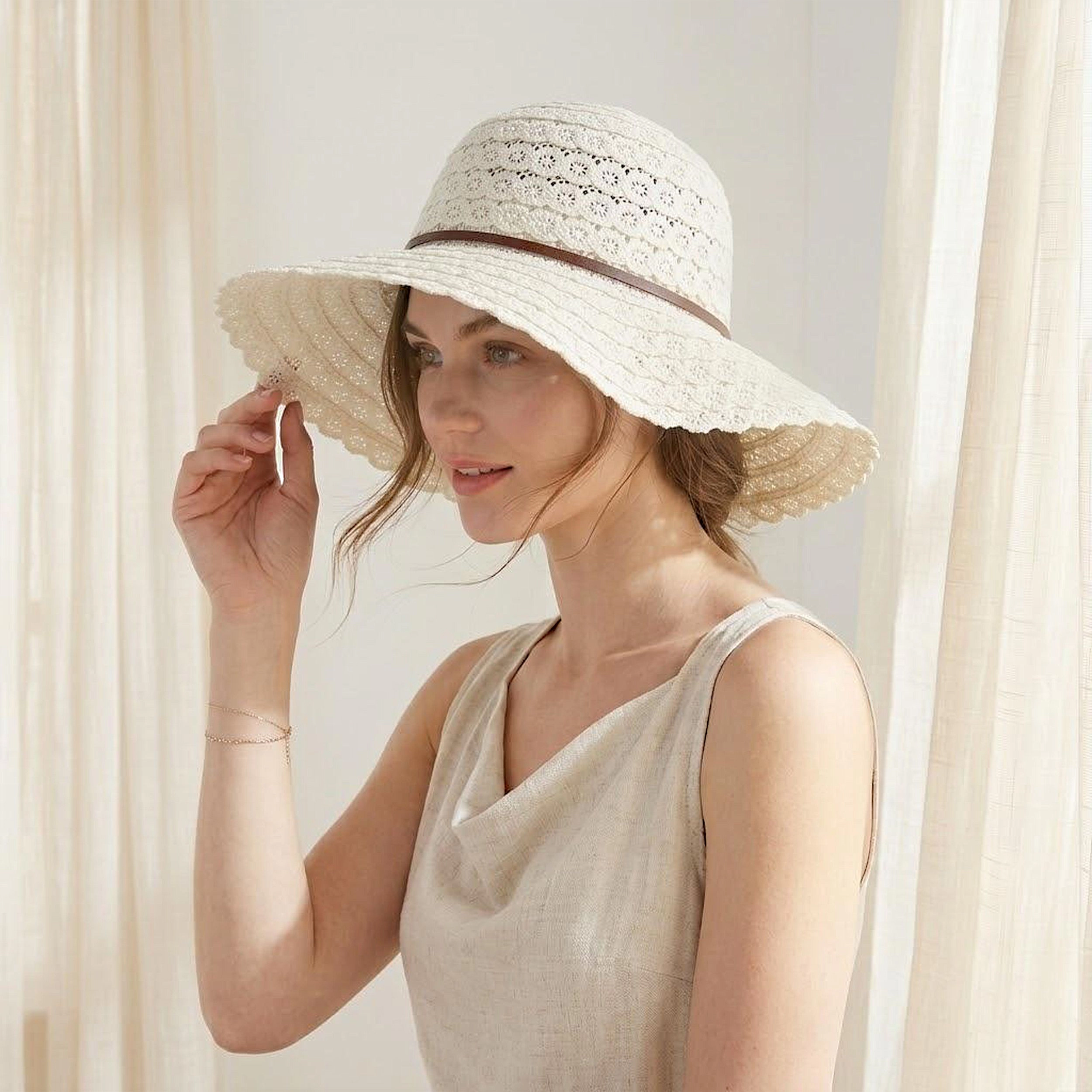 Anna-Kaci Women's Women Wide Brim Crochet Sun Hat Lightweight Breathable Straw with Chin Strap