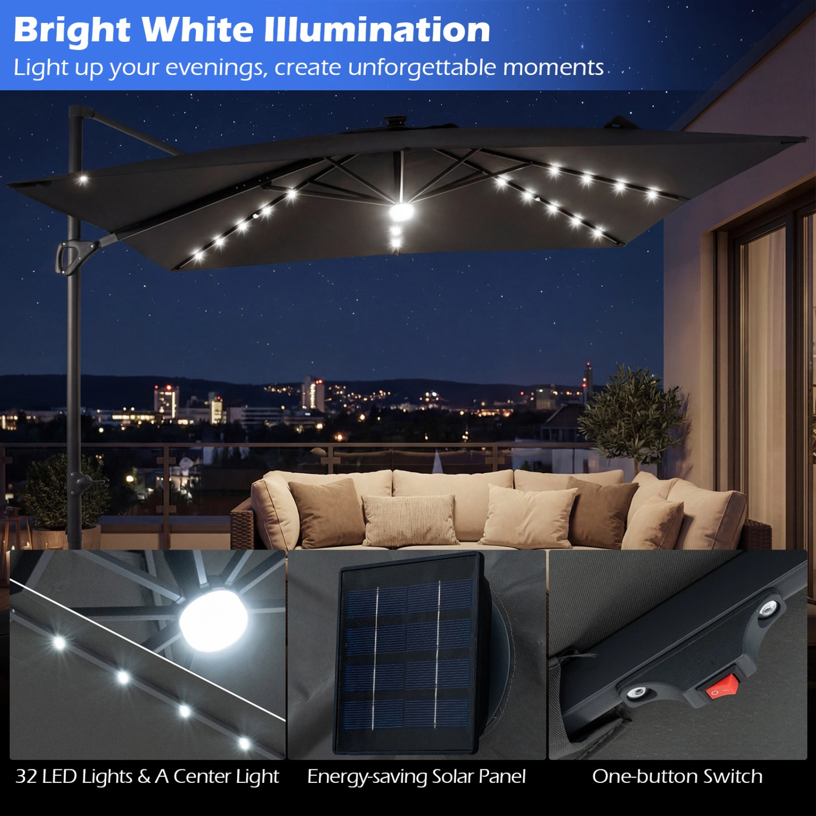 SUGIFT Gray 32 Solar LED Lights and 220 LB Base 10 FT Square Cantilever Patio Umbrella