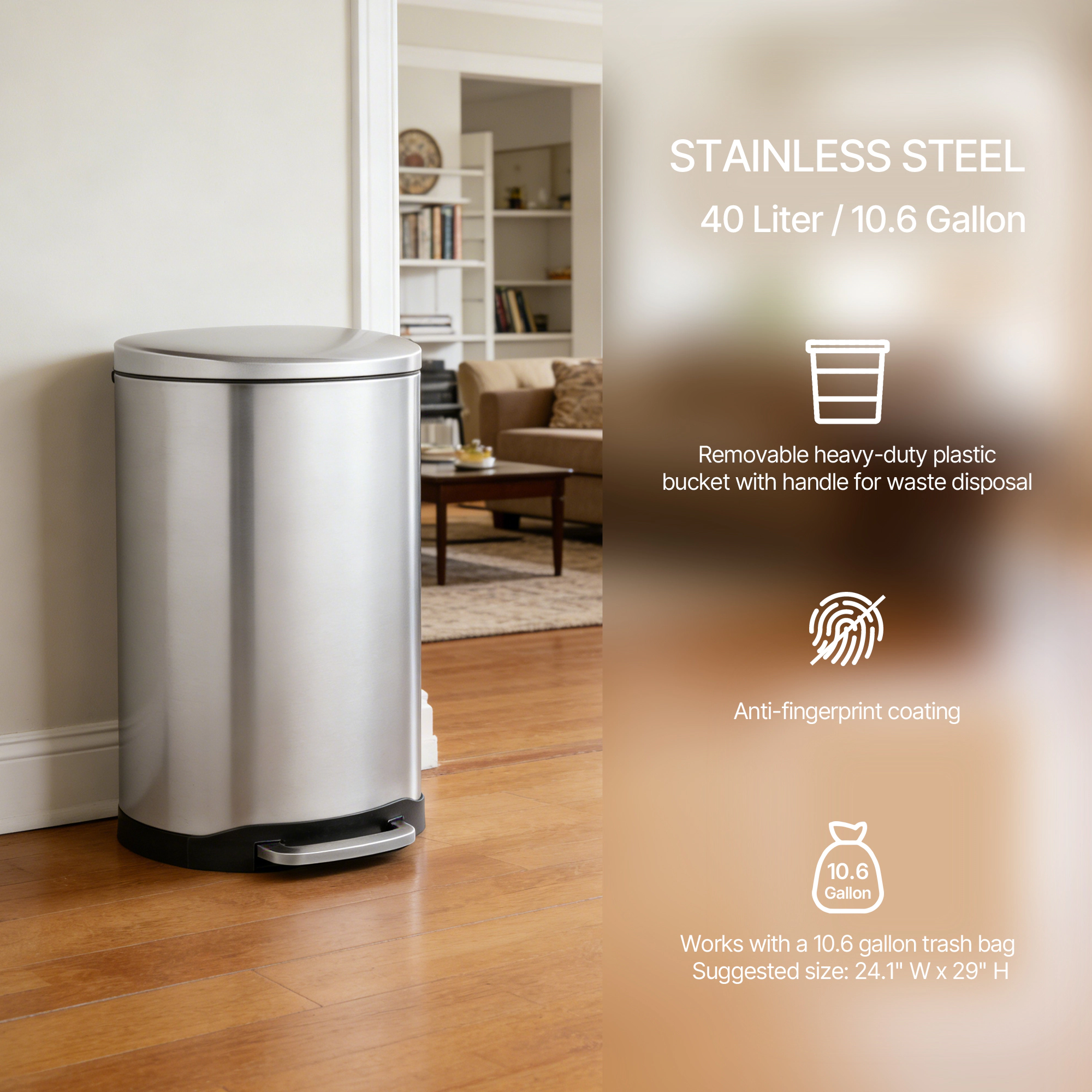 Innovaze 10.6 Gal./40 Liter Stainless Steel Semi-round Step-on Trash Can for Kitchen