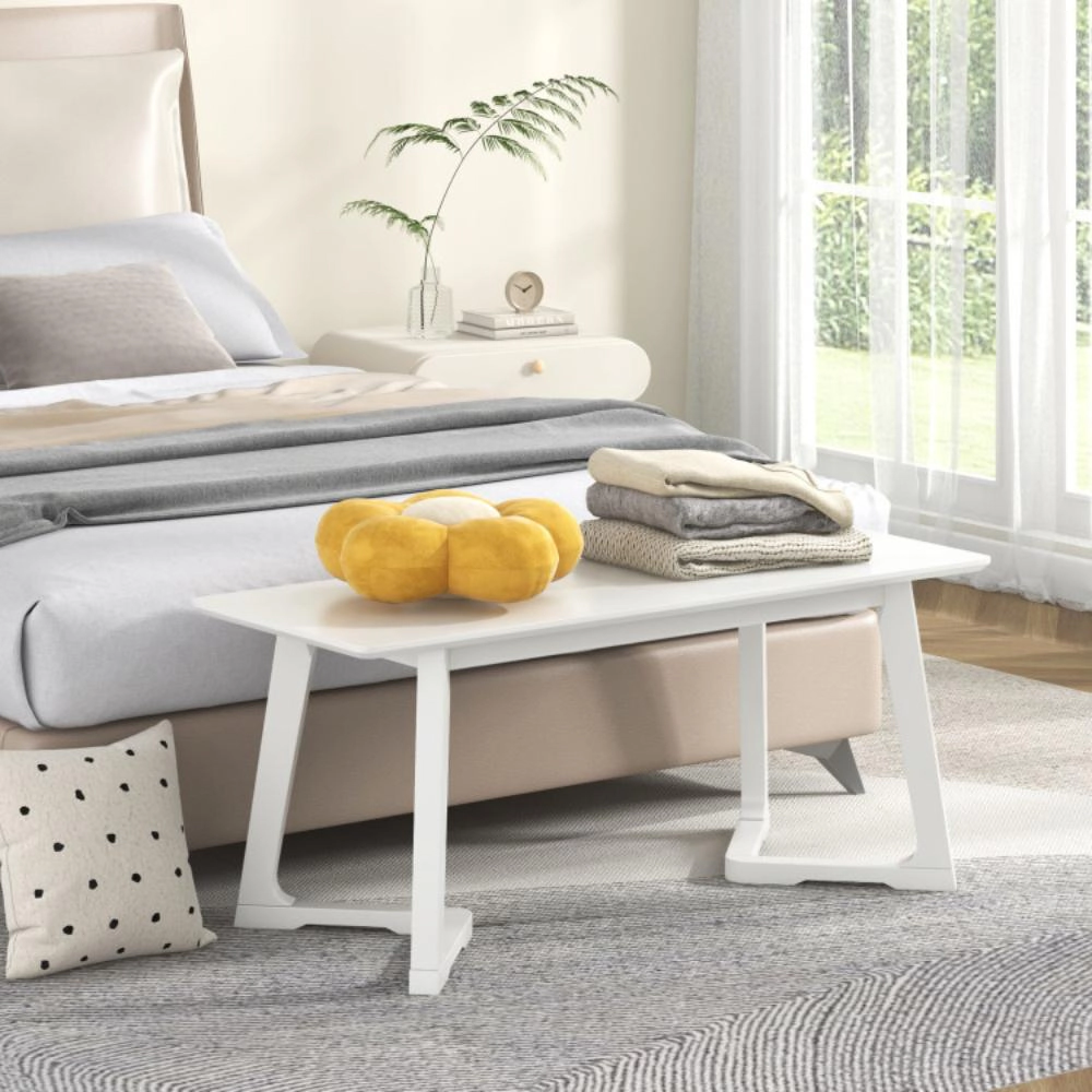 Hivvago 42 Inch Modern Entryway Bench Long Dining Bench with Rubber Wood Legs-White