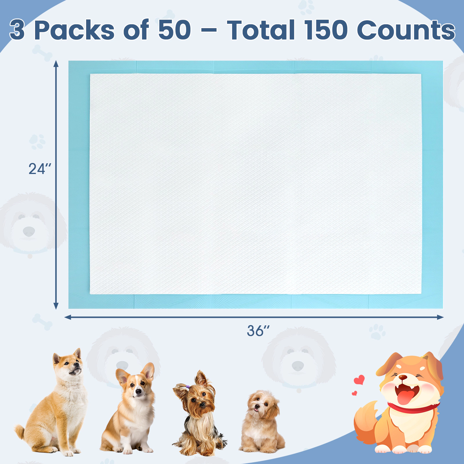 SUGIFT 150-Count 24 x 36-in Extra Large 5-Layer Leak-Proof Disposable Dog Pee Pads Puppy Training Pads