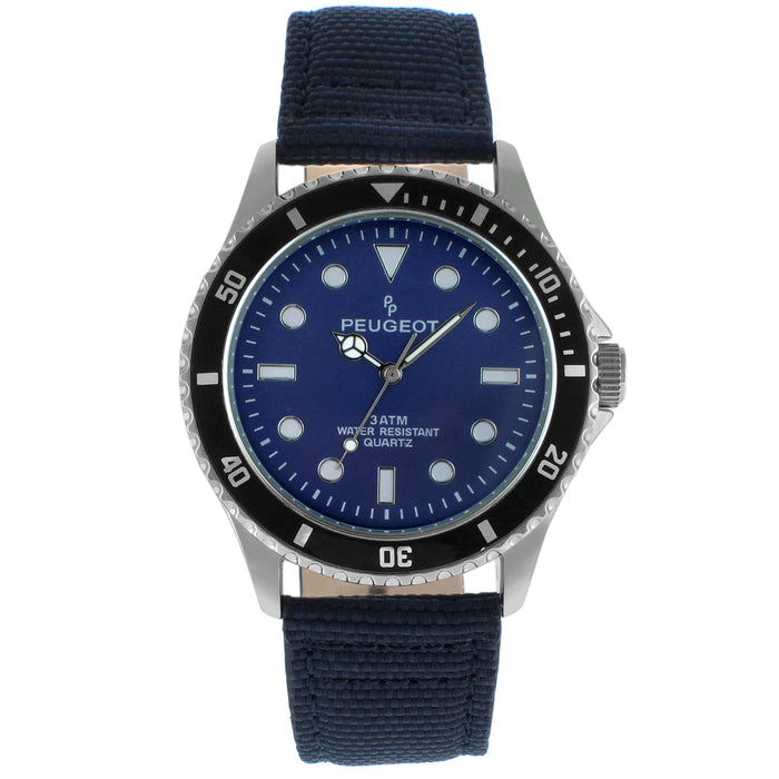 Peugeot Men's 42mm Sport Bezel Watch with Blue Dial and Canvas Strap