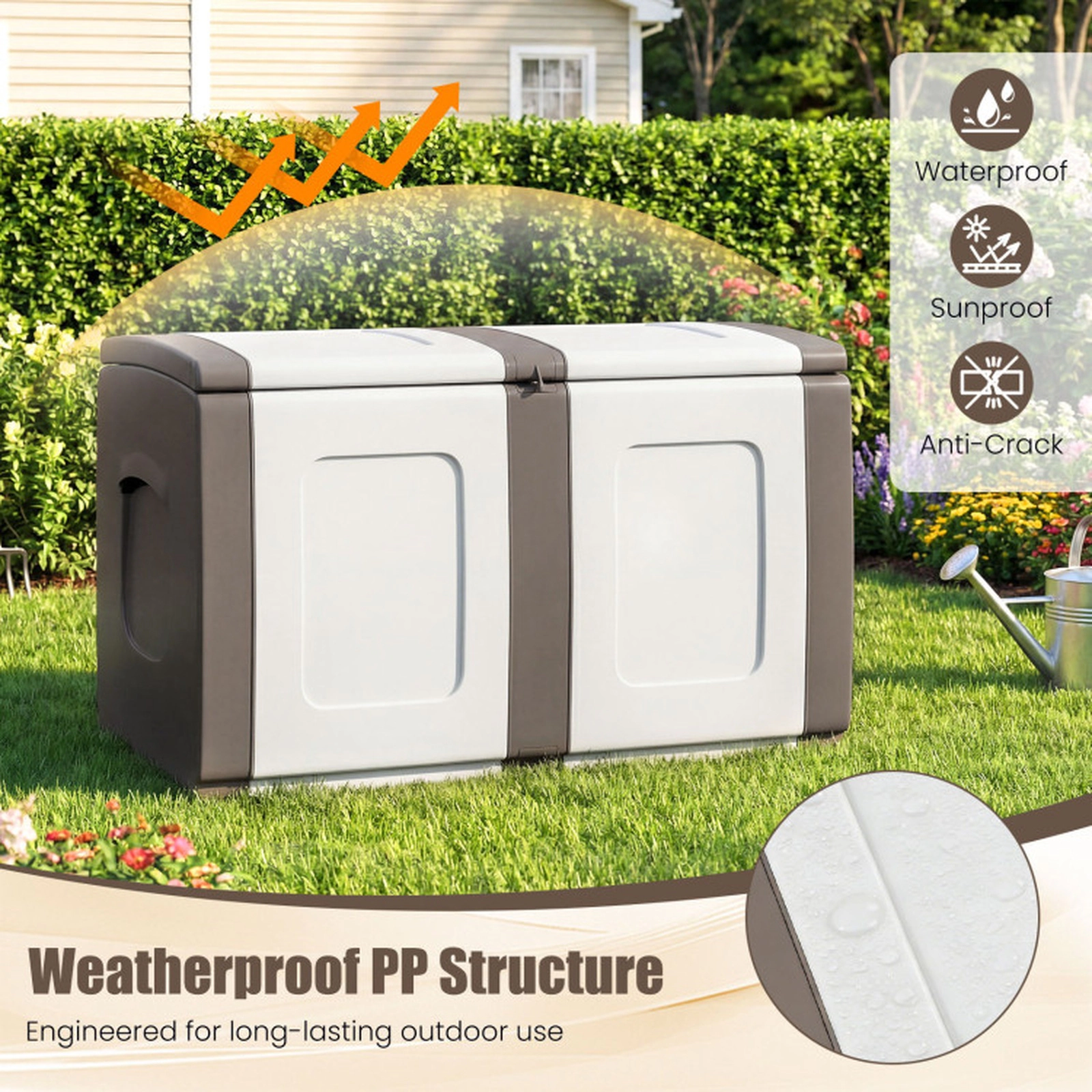SUGIFT 53 Gallon Patio Storage Container Deck Box 155-lb Capacity 37-in Wide Lockable Lid Beige + White/Gray + White