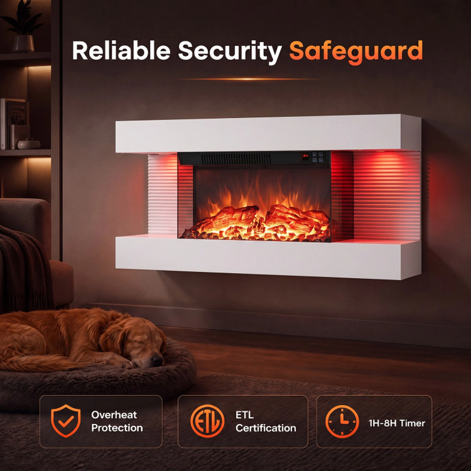 SUGIFT 3-Sided Wall Mount Electric WiFi Fireplace with Floating Mantel 32.3-in Wide 750W/1500W 5000-BTU Heater White