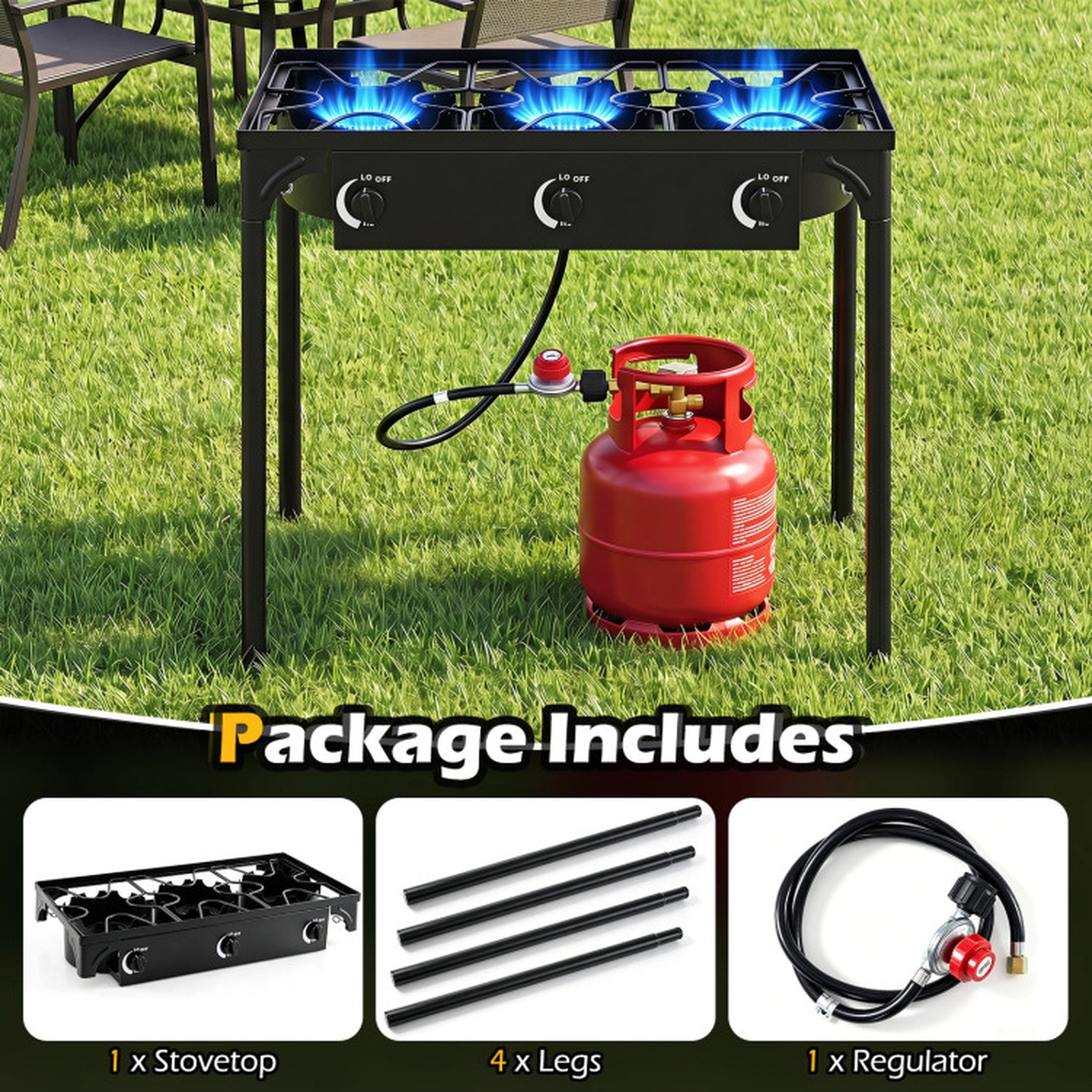 SUGIFT 3-Burner Black Propane Camp Stove with Adjustable Regulator and Hose 240000-BTU 34.5-in W 18-in D 29-in H