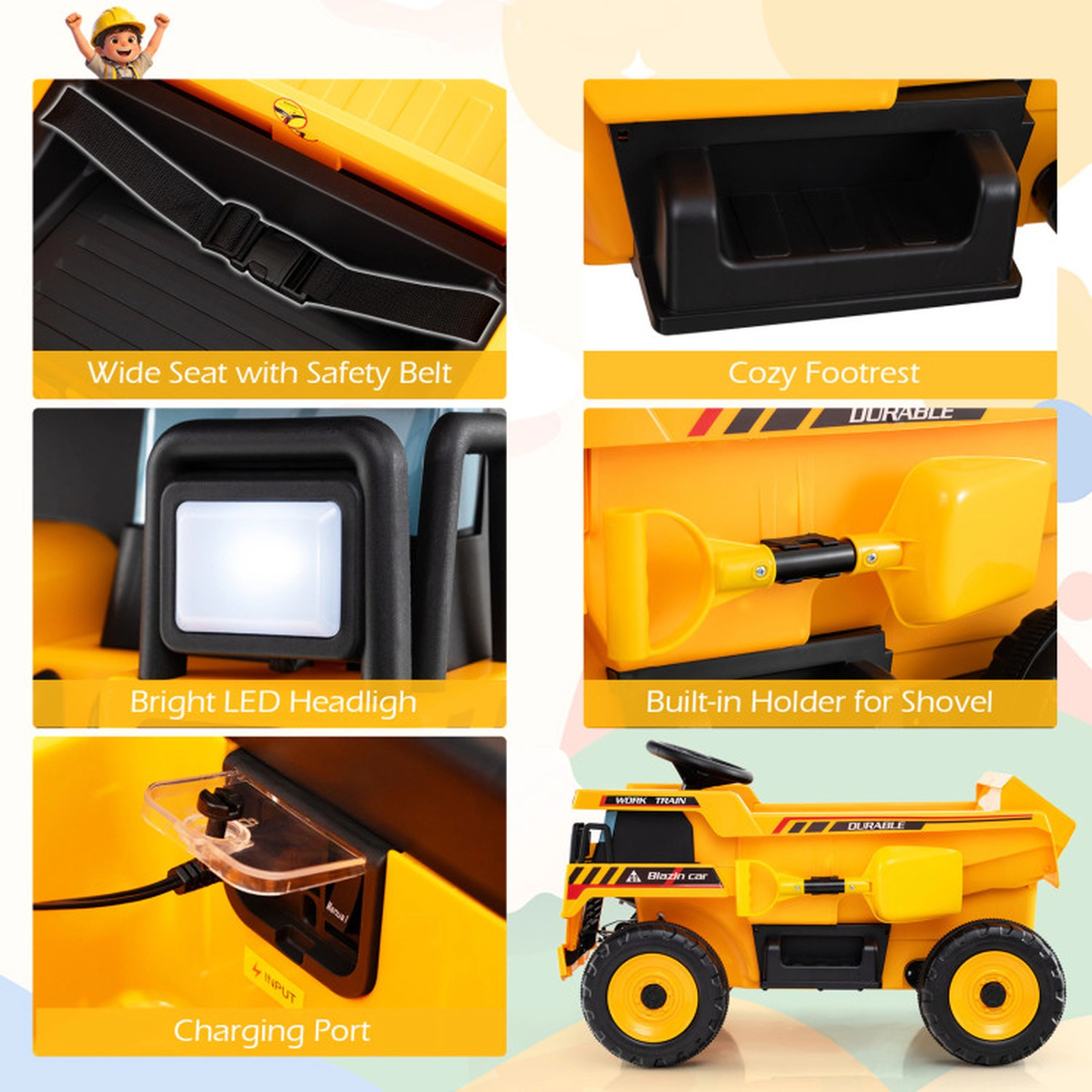 SUGIFT 24V Construction Ride-On Dump Truck Car with Remote Control 66-lb Capacity Ages 3-8 Yellow and Black