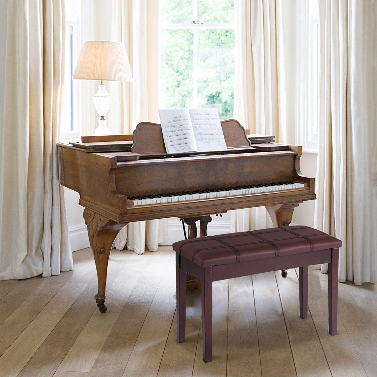SUGIFT Solid Wood PU Leather Double Duet Piano Keyboard Bench Ottoman 360-Lb Capacity 29.5-in Long Brown