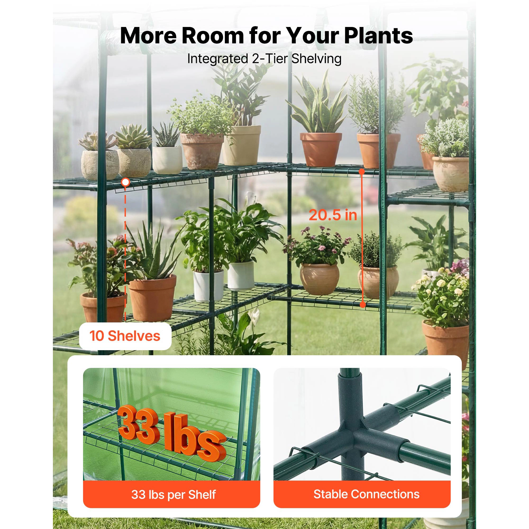 HONGGE Walk-In Greenhouse, 54 x 54 x 77.2 in, Steel Frame with 10 Shelves & Clear PVC Cover for Outdoor Gardening