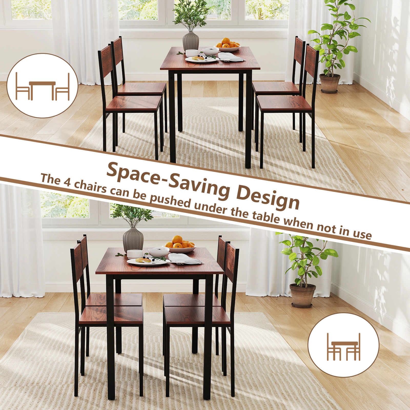 SUGIFT Walnut Industrial 4 Chairs and Kitchen Table 5 Piece Dining Set