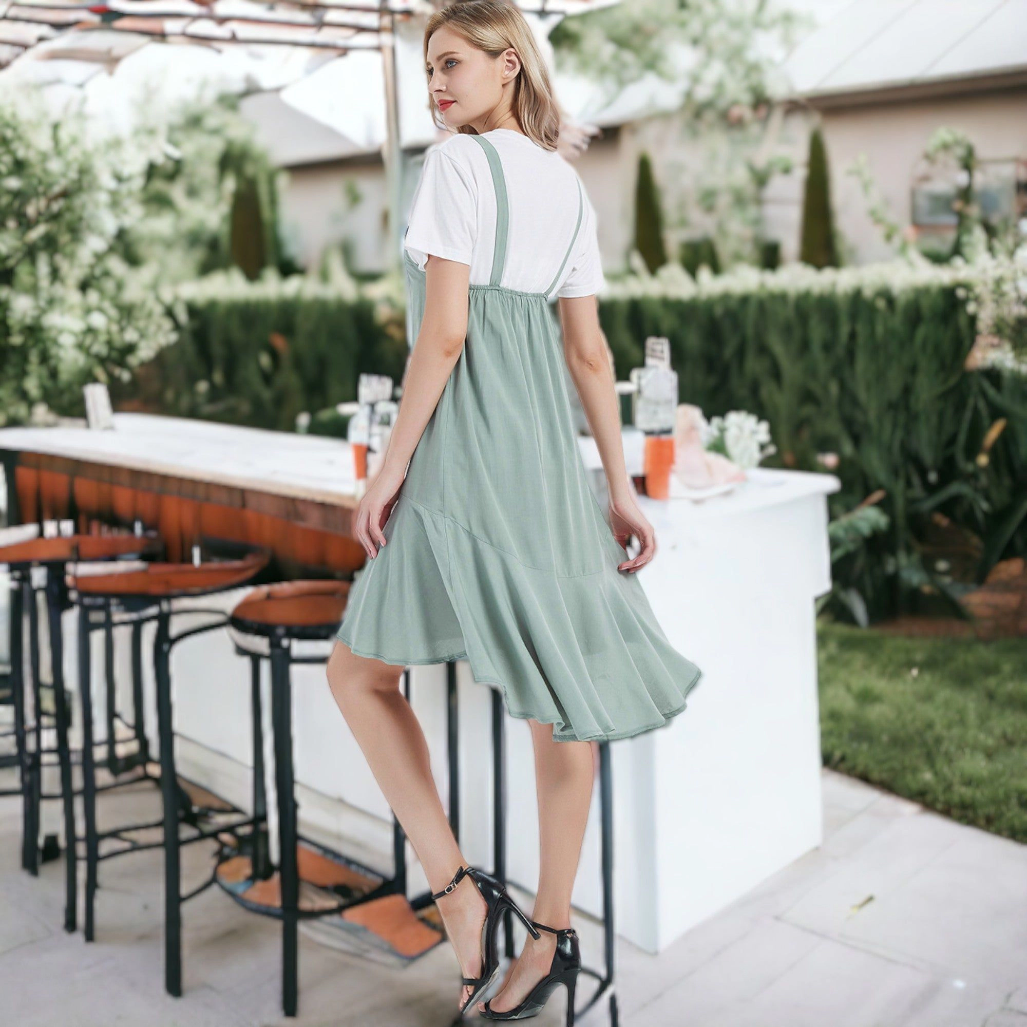 Anna-Kaci Women's Sleeveless Button Front High Low Ruffle Apron Dress