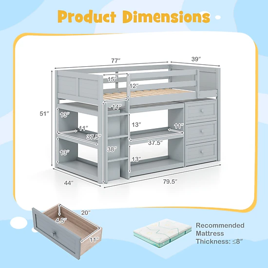 SUGIFT Gray LED Lights Drawers and Under-Bed Shelves Twin Size Kids Loft Bed