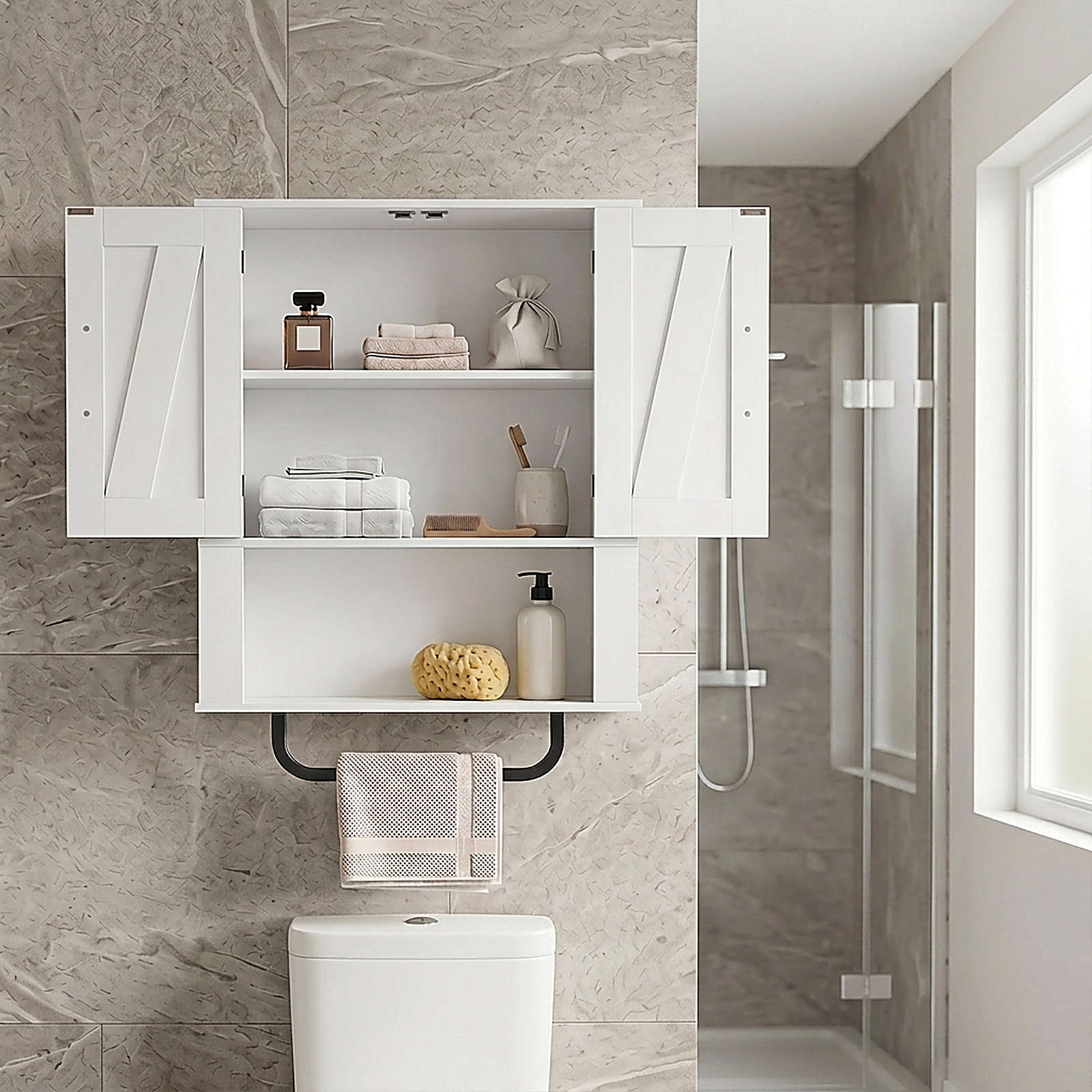 SUGIFT White 11-lb Per Shelf 2-Barn-Door Wall Mounted Bathroom Storage Cabinet with Towel Bar and 3-Tier Shelves