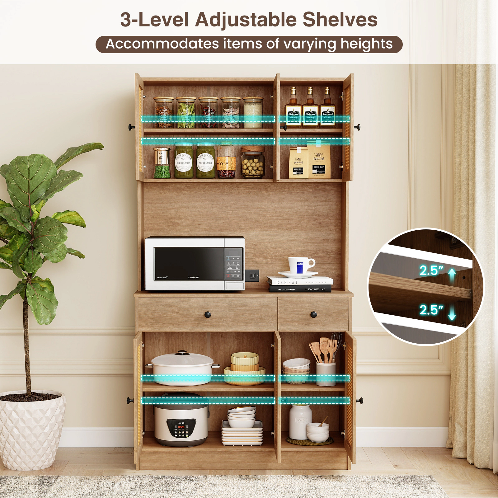 Glintex 71-Inch Pantry Cabinet with 6 Rattan Doors and Charging Station, Natural