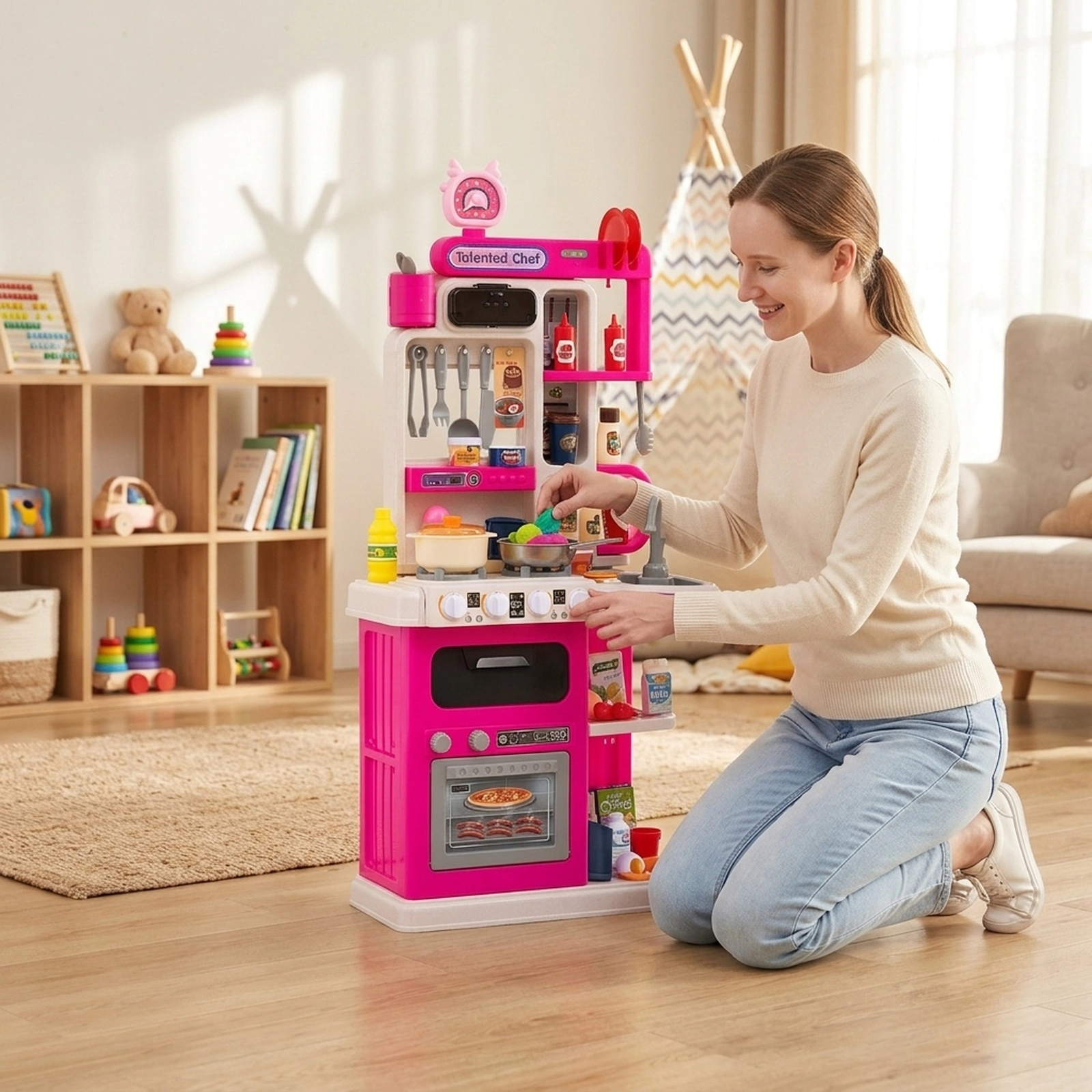 Kids Play Kitchen with 95-pc Accessories Steam Effect Water Circulation Lights and Sounds 17.5-in x 9.5-in x 36-in Pink