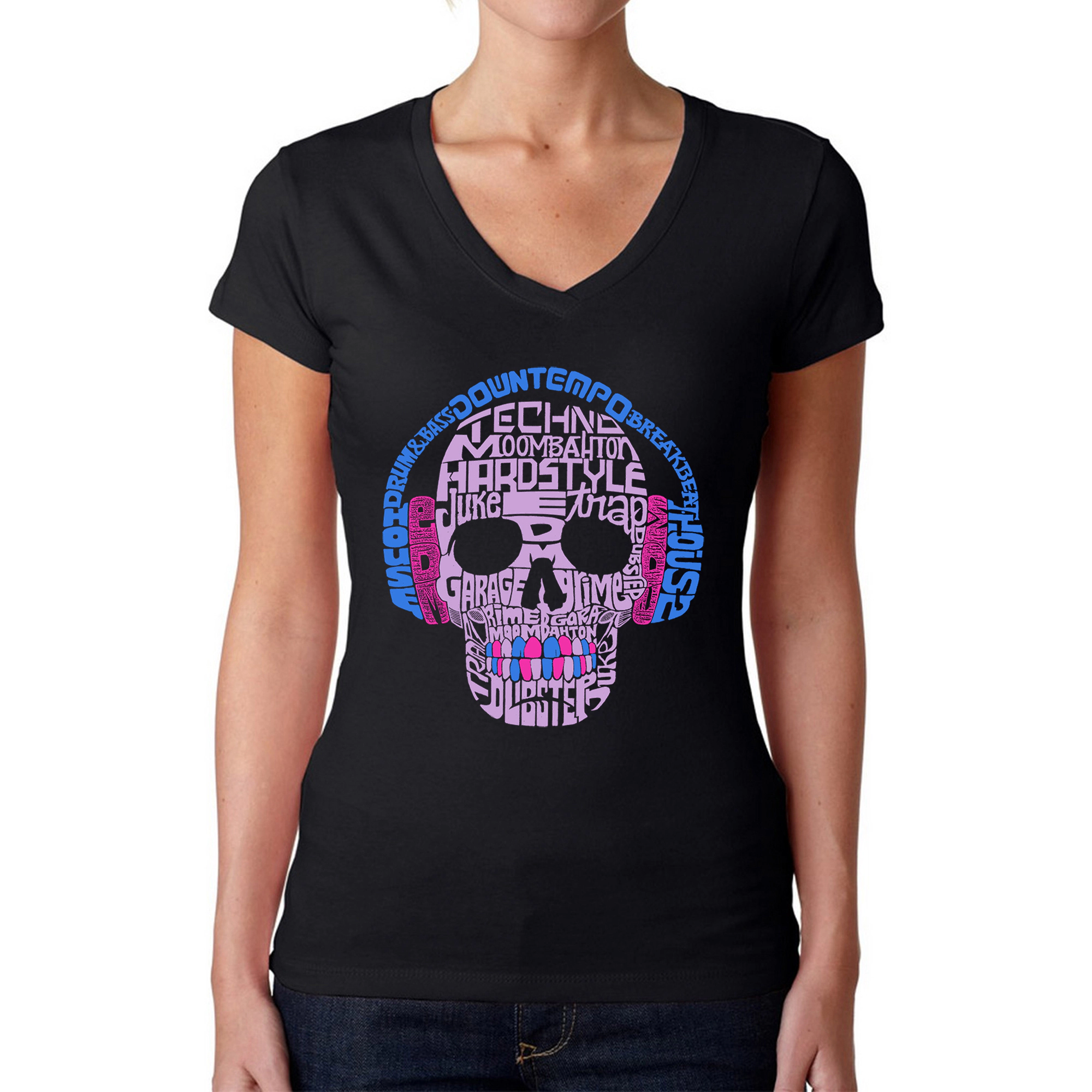 LA Pop Art Womens Word V-Neck T-Shirt - Styles of EDM Music