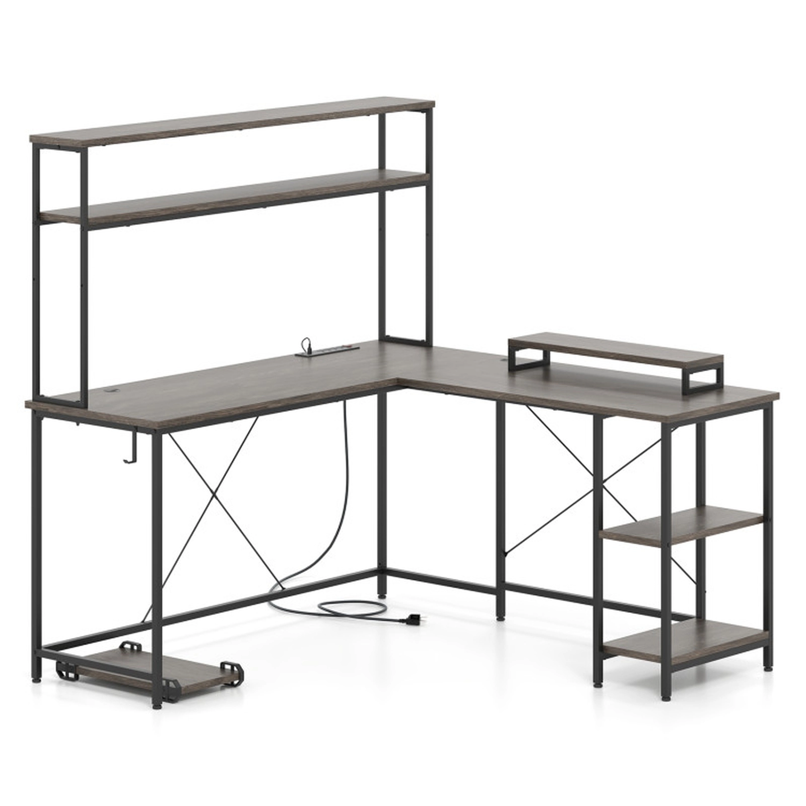 SUGIFT Gray Reversible L-Shaped Gaming Desk with RGB LED Hutch, Monitor Stand and 310-Lb Capacity