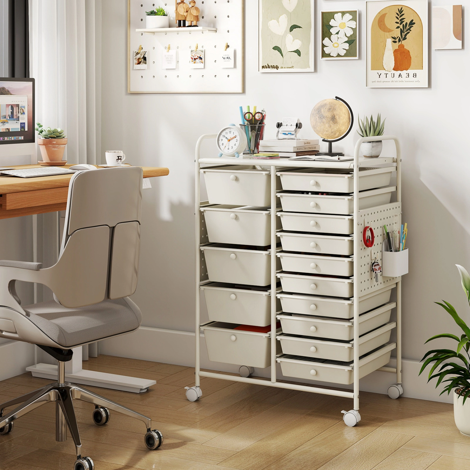 SUGIFT White 34-in 15-Drawer Rolling Cart Craft Organizer with Pegboard Metal Tabletop and Locking Wheels