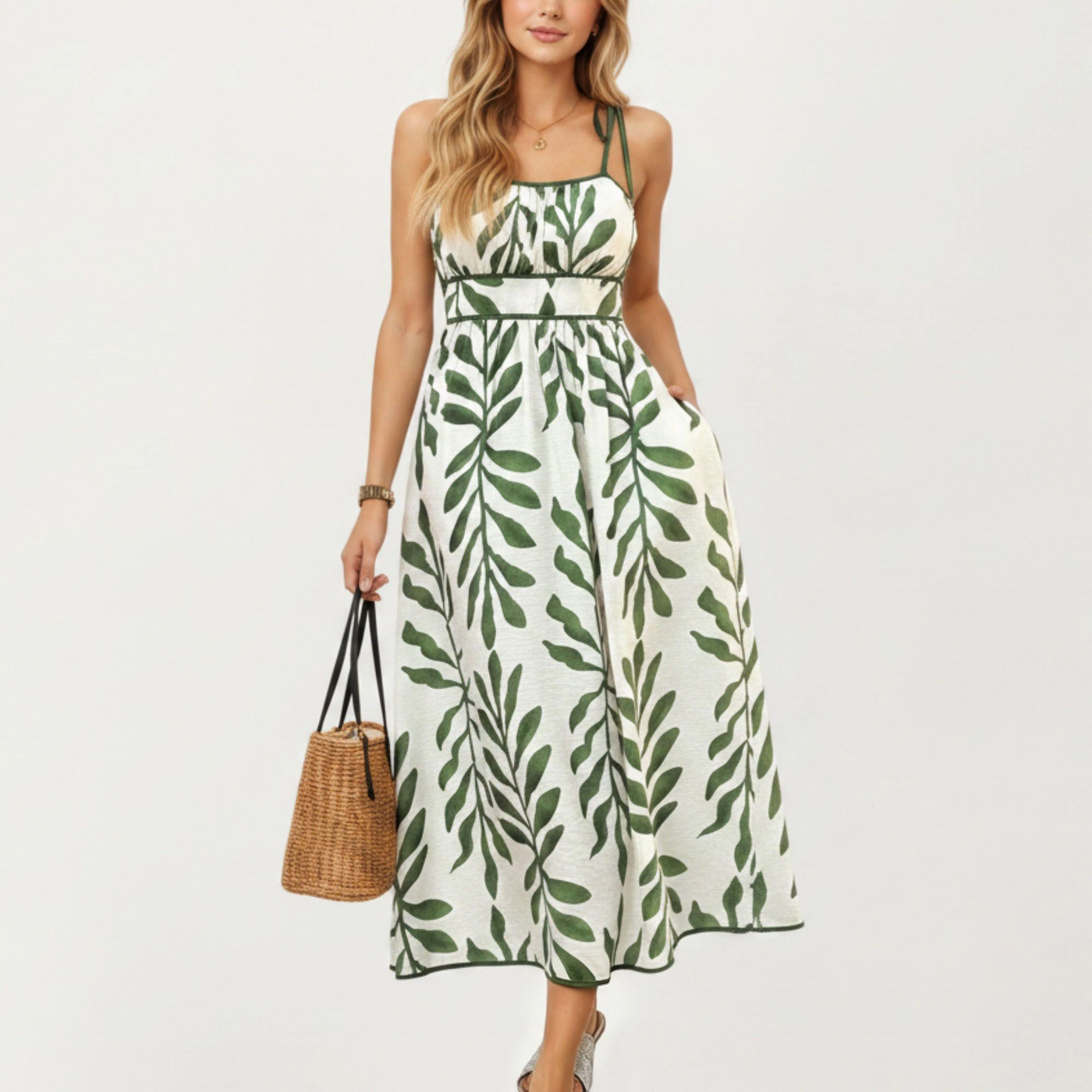 Anna-Kaci Women's Sleeveless Leaf Print Tie Shoulder Straps Smocked Back A-Line Midi Dress