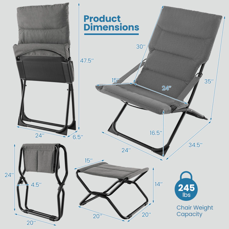 Hivvago Patio Folding Sling Chair With Ottoman Footrest And Removable Cushion-Gray