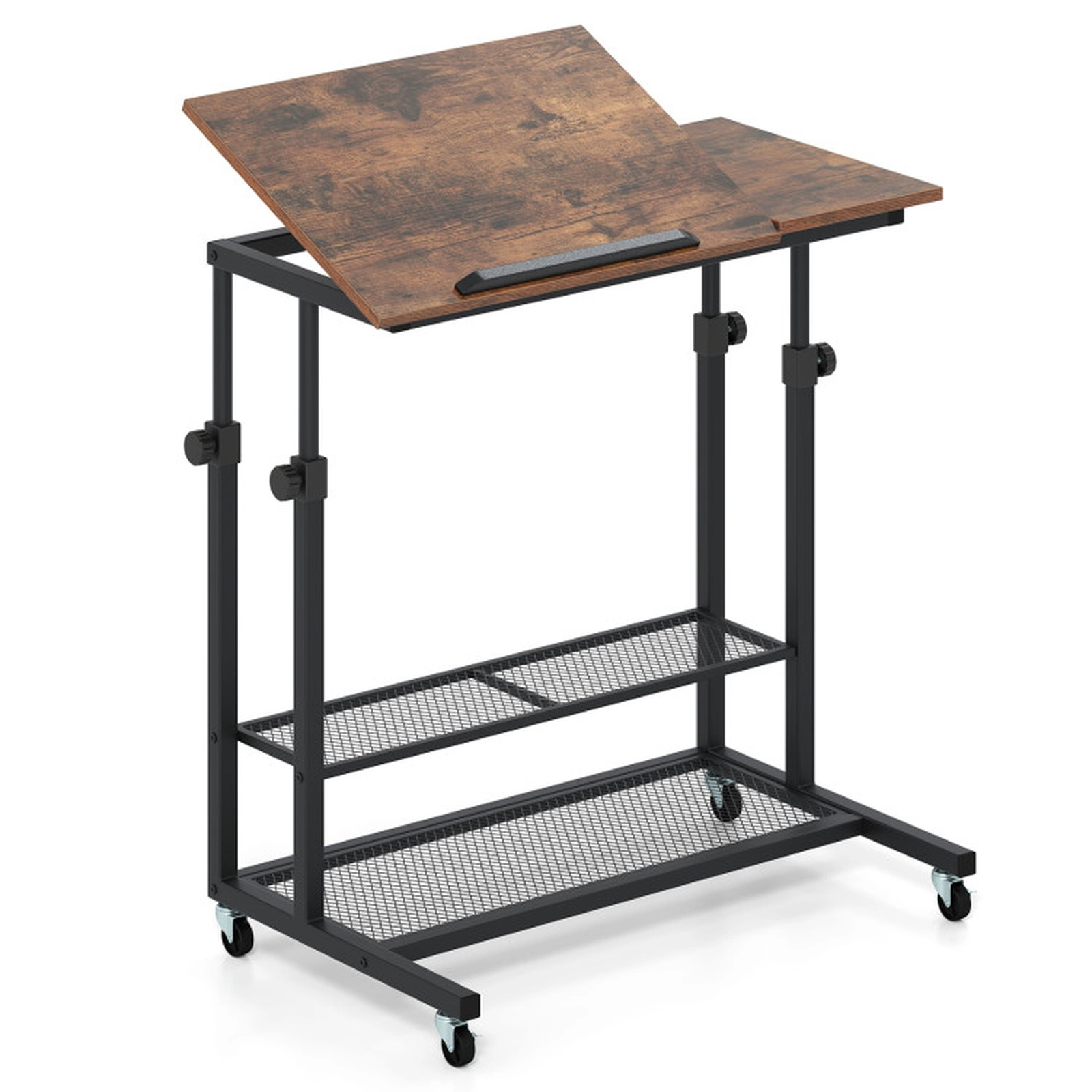 SUGIFT Rustic Brown Mobile Adjustable Standing Desk with Tilting Top and Mesh Shelves