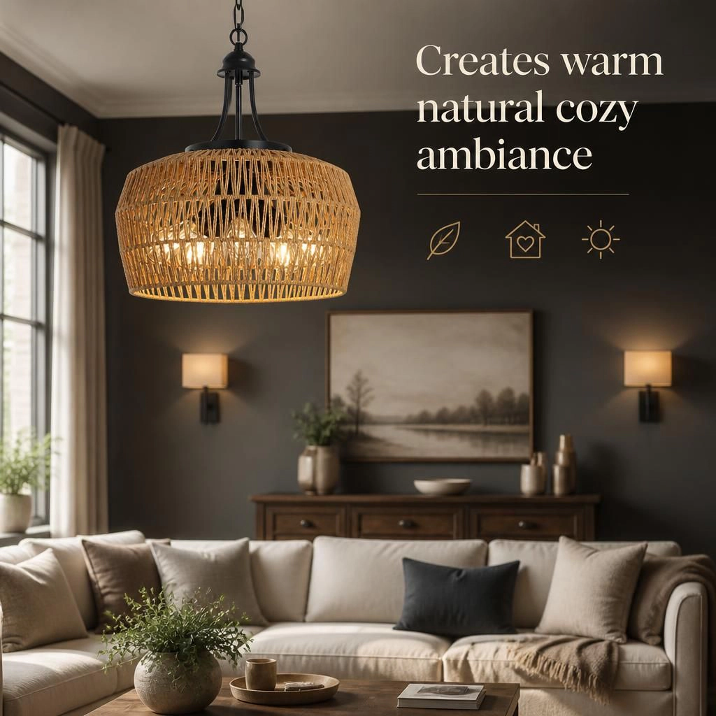 ELEMENT ACE Handwoven Rattan Metal Flush Mount Ceiling Light