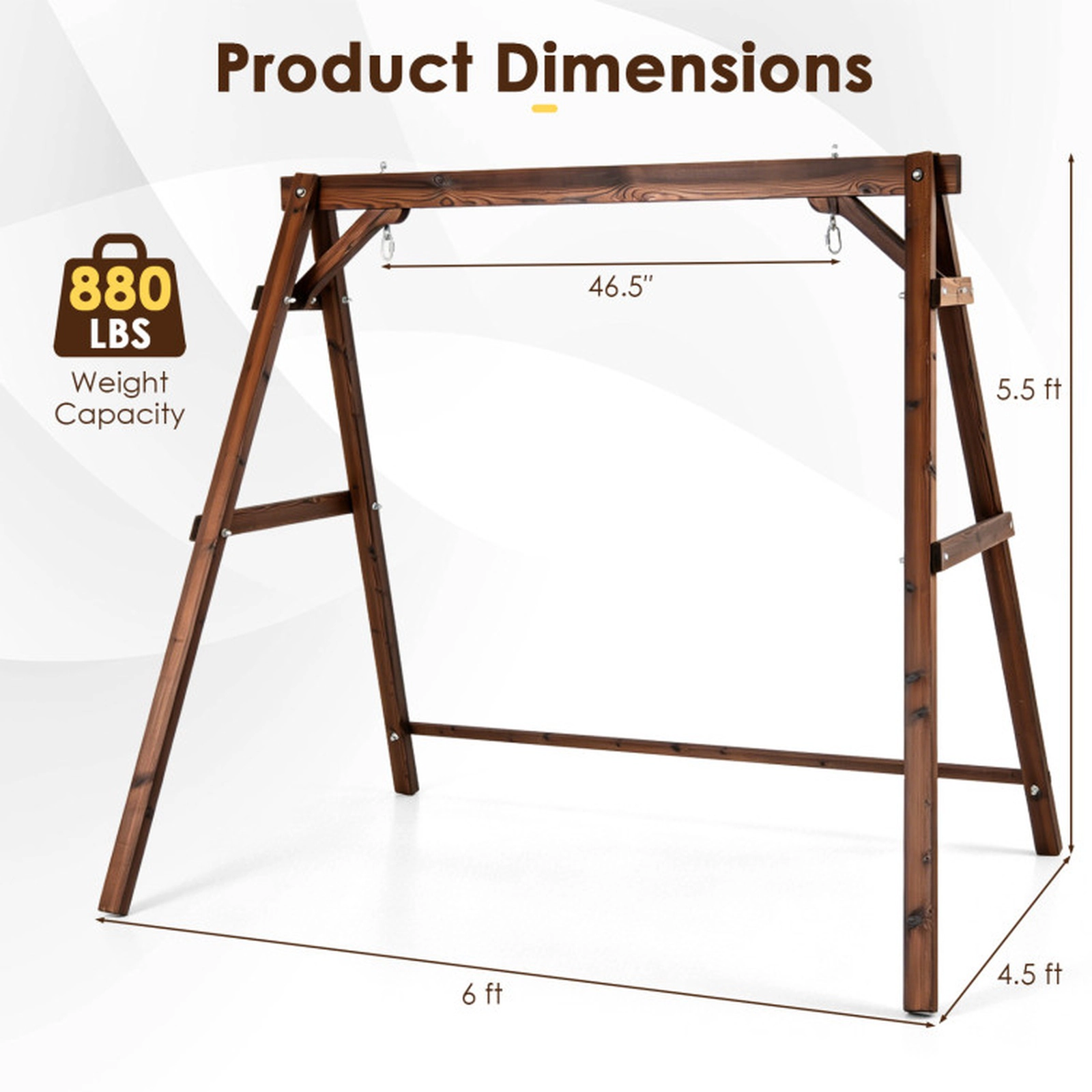 SUGIFT Heavy-Duty Fir Wood A-Frame Swing Stand with Reinforced Bars 880-lb Capacity with 2 Hanging Rings Brown