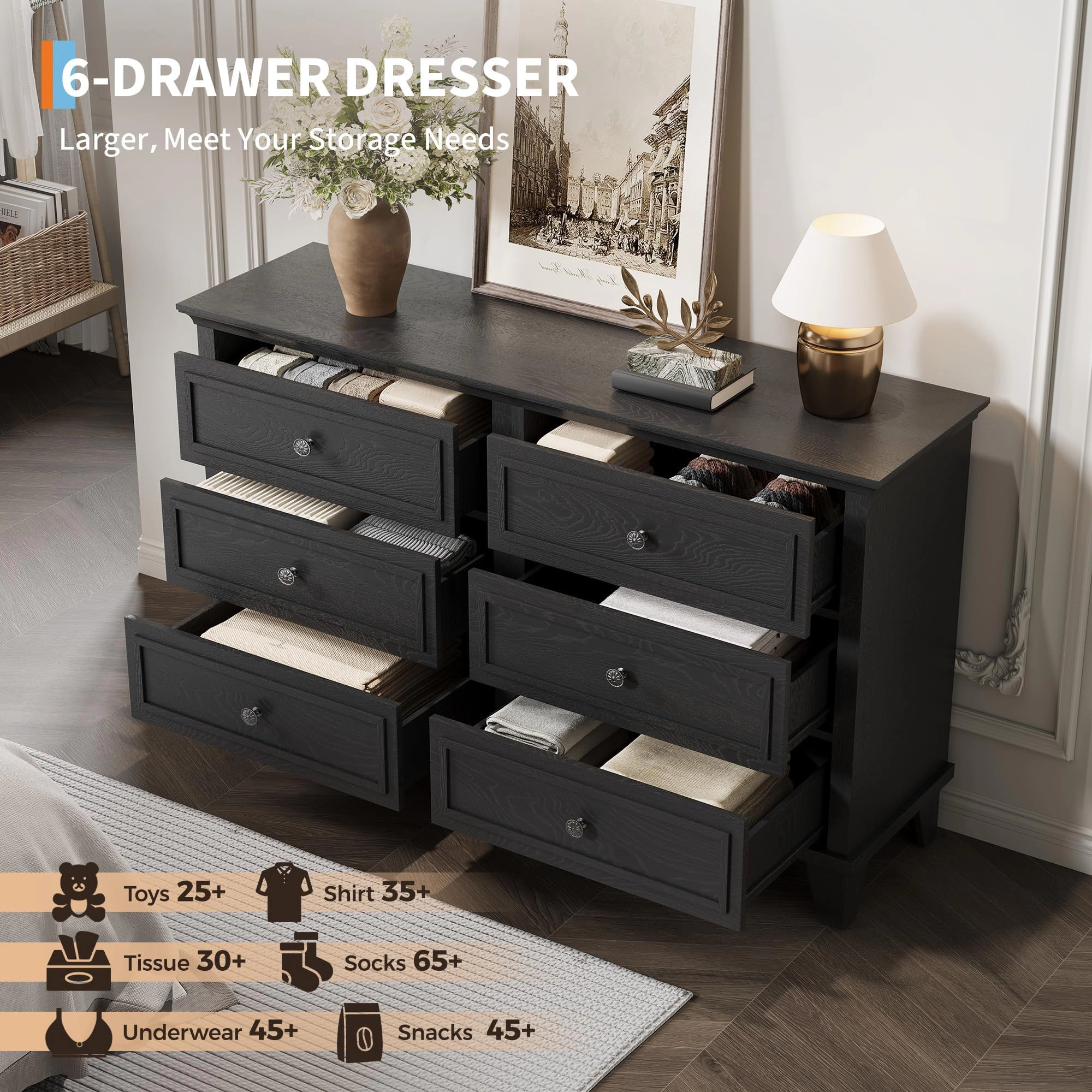 6 Drawer Dresser, Wooden Storage Chest with Metal Handles, Large TV Stand for Bedroom & Living Room