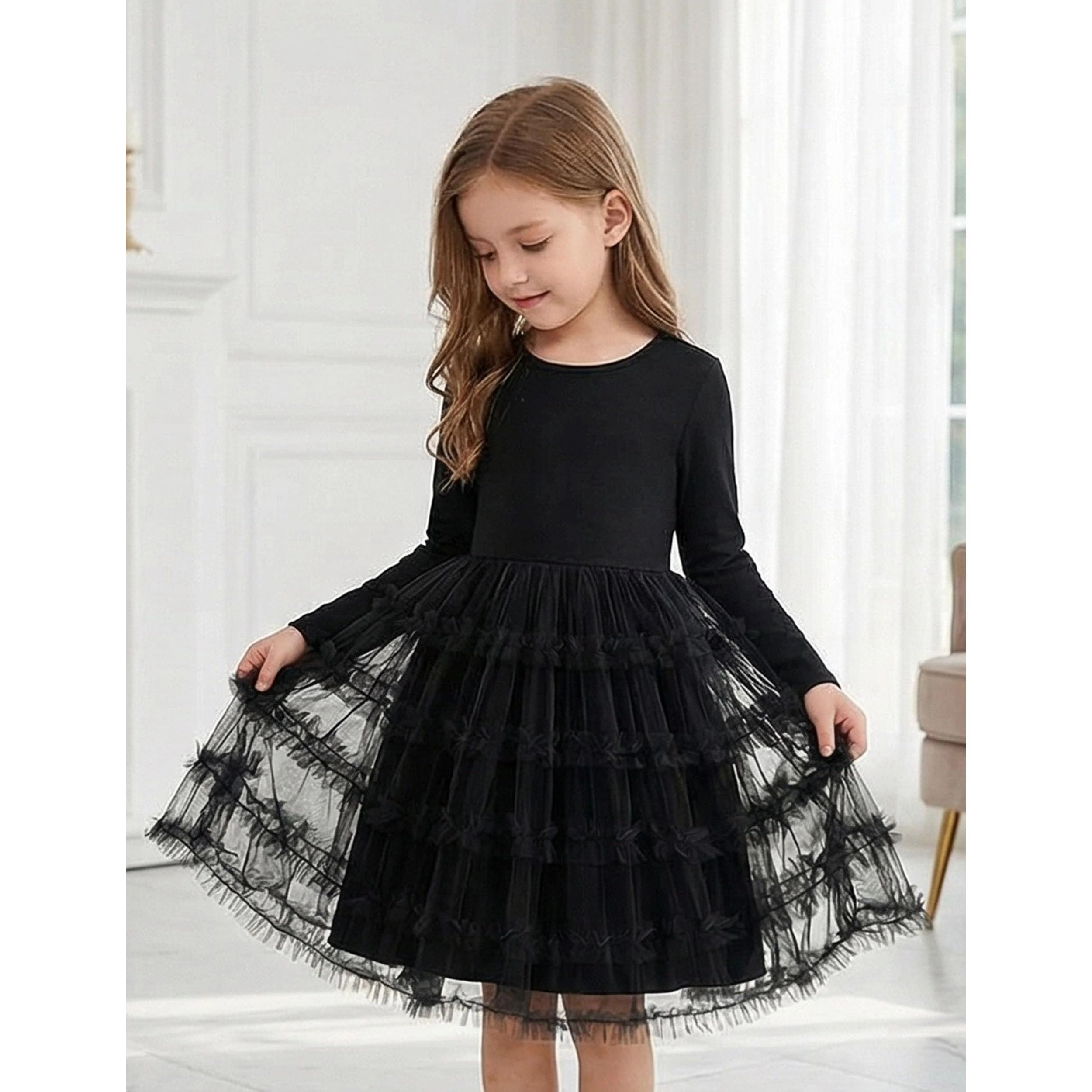 Arshiner Toddler Tutu Dress Girls Long Sleeve Fall Winter Ruffle Tiered Holiday Party Tulle Dresses