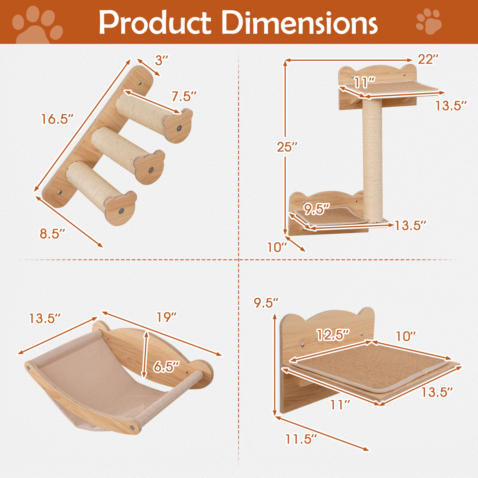 SUGIFT Wall-Mounted Cat Furniture 4-Piece Set with Hammock, 2-Step Cat Tree and Perch 22-lb Capacity Natural