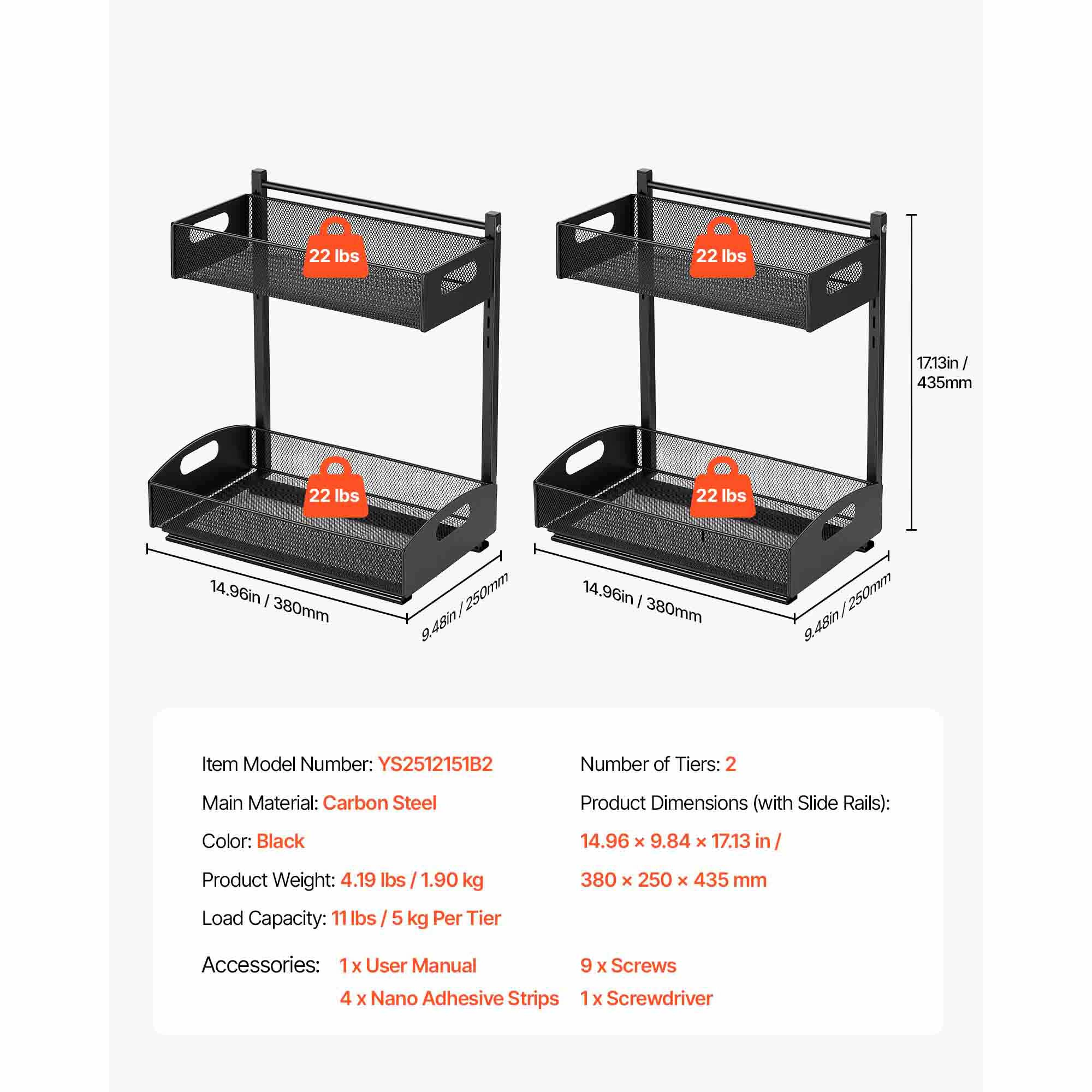 HONGGE Under Sink Organizer 2 Pack 2-Tier Pull Out Cabinet with 4-Level Height Adjustment Metal Slide