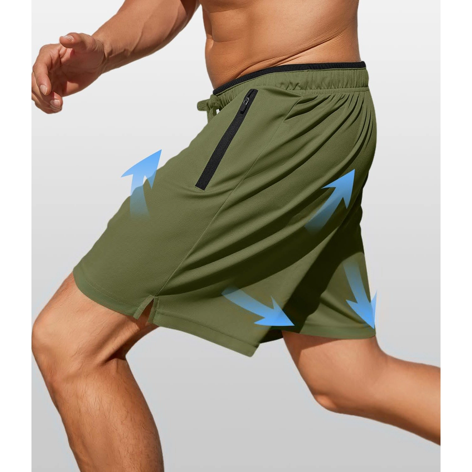 Pinspark Mens Solid Workout Shorts Elastic Waist Drawstring Zip Pockets Gym