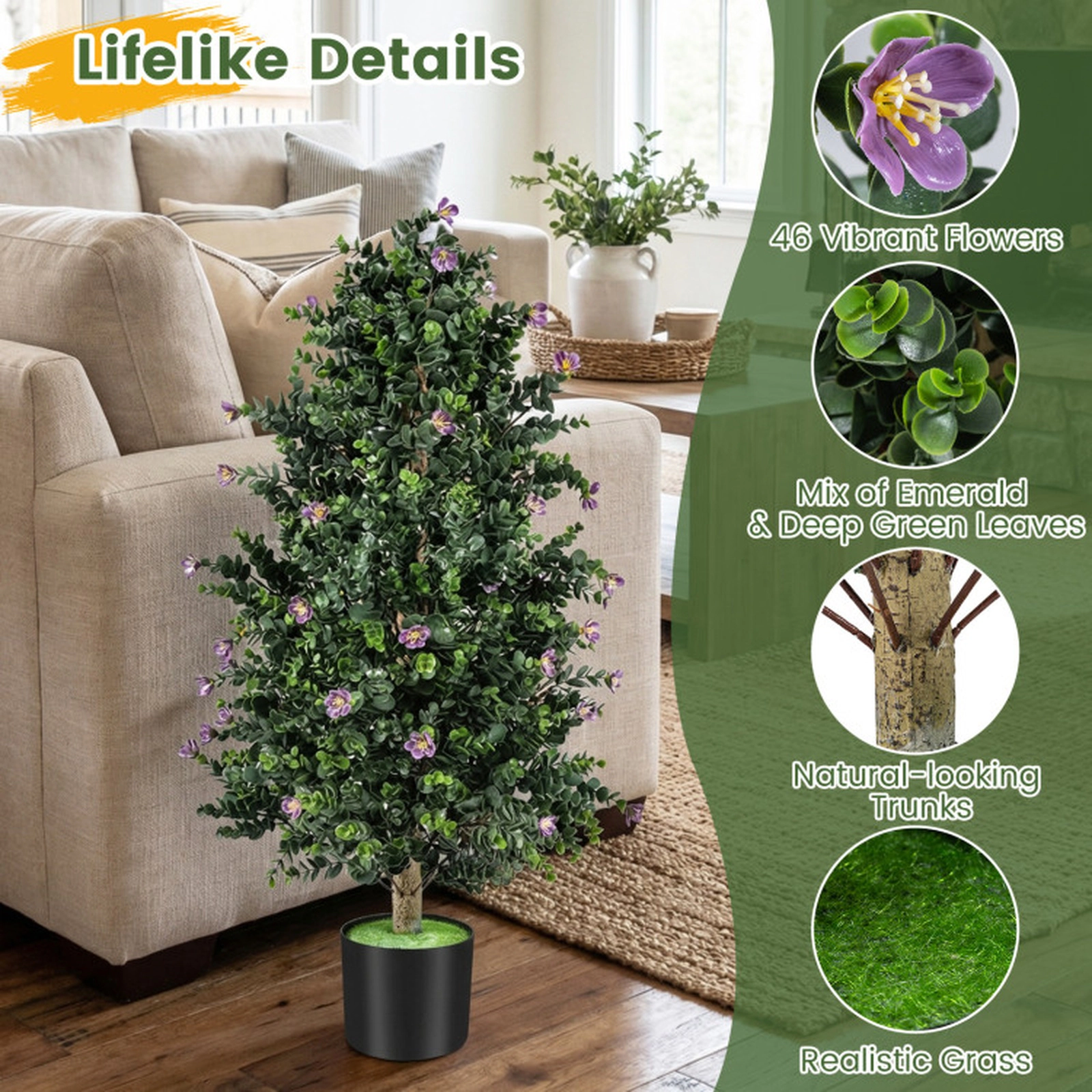 SUGIFT Set of 2 36-in Artificial Cone Topiary Trees with Purple Flowers and Cement-Filled PP Pots