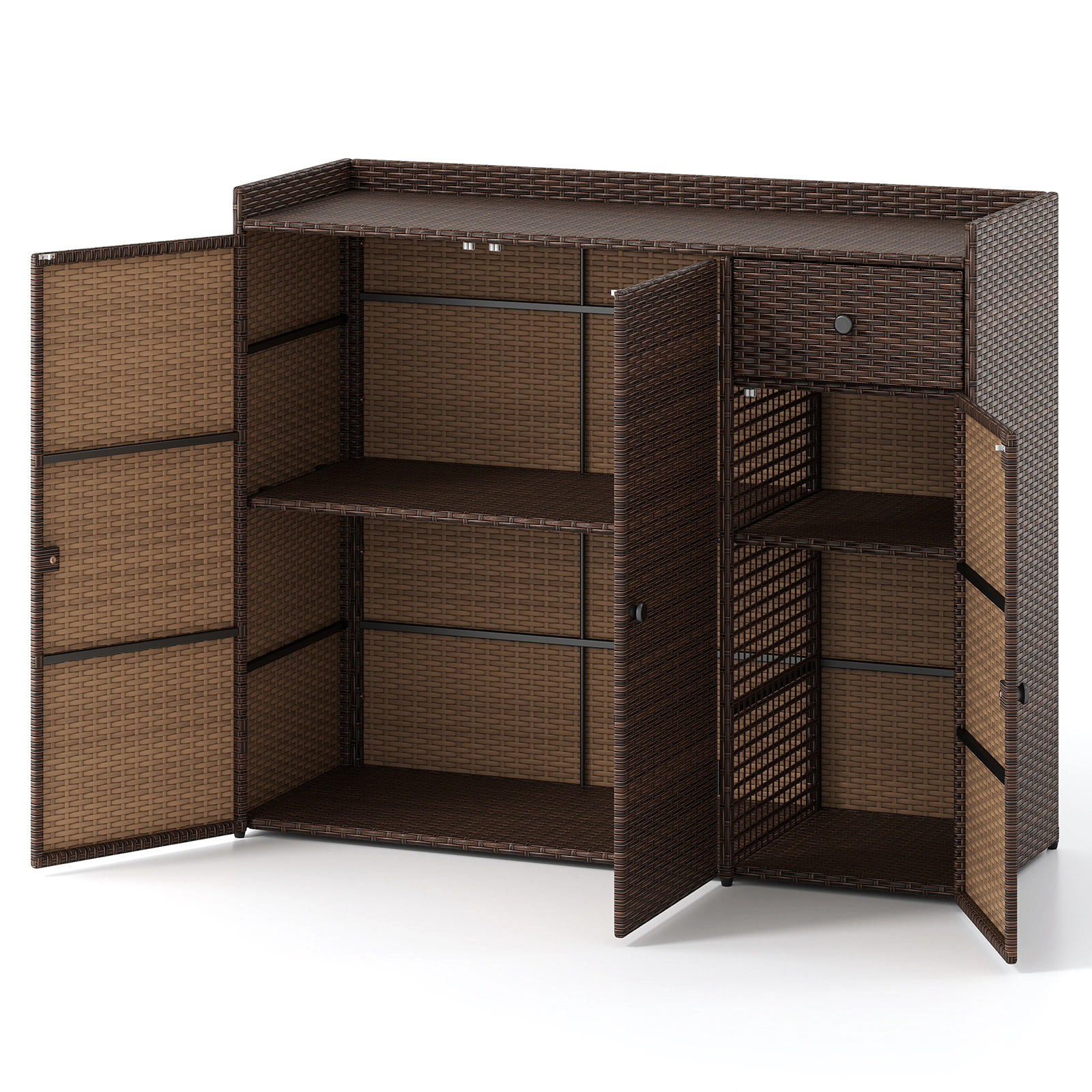SUGIFT 3-Door Removable Shelves Drawer PE Wicker Outdoor Deck Storage Cabinet 48-in x 17-in x 40-in 110-lb Top Brown