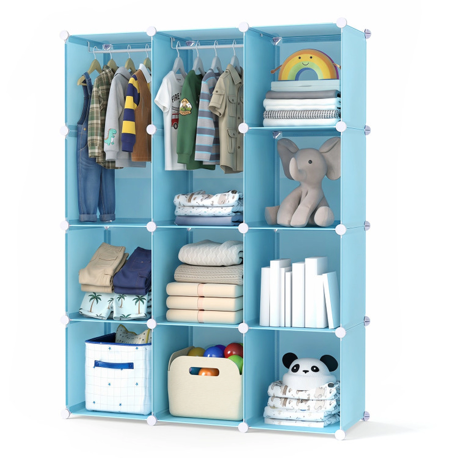 SUGIFT 10-Cube 57-in Modular Baby Wardrobe Closet and Kids Storage Organizer with Hanging Rod and Shelves