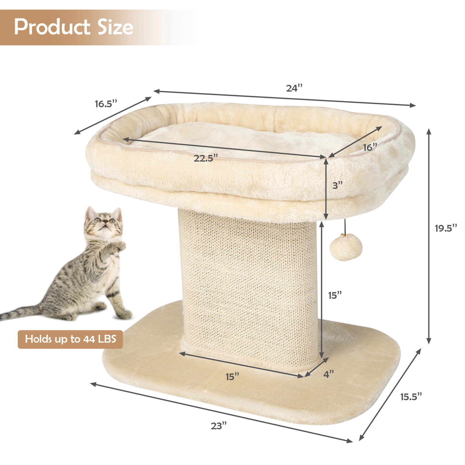 SUGIFT 19.5-in Beige Modern Cat Tree Tower with 22.5-in Plush Perch and Sisal Scratch Plate 23-in Base W