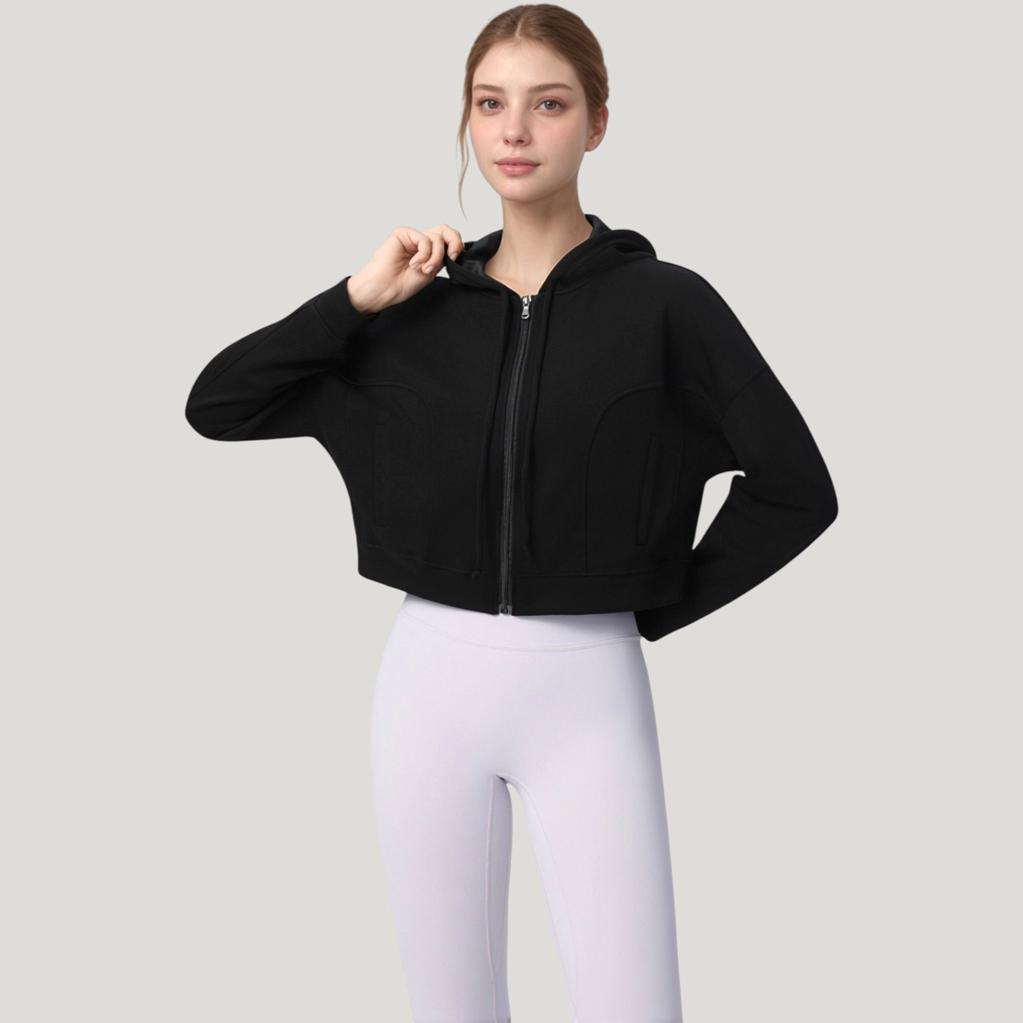 Anna-Kaci Women's Zip Front Cropped Hood Designie with Long Sleeves and Drawstring Design