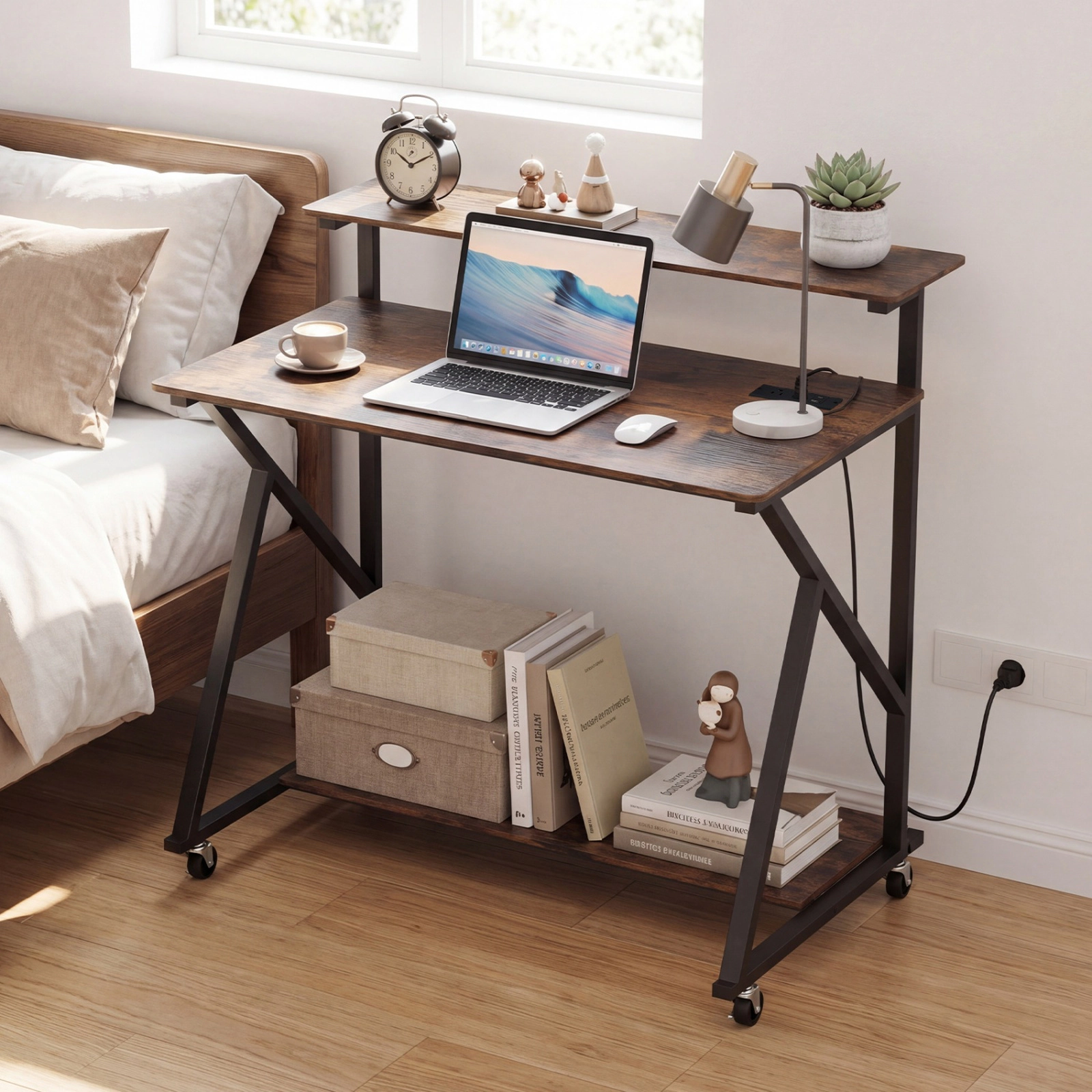 SUGIFT 39.5 in Rolling Computer Desk Rustic Brown with Charging Station and Monitor Shelf