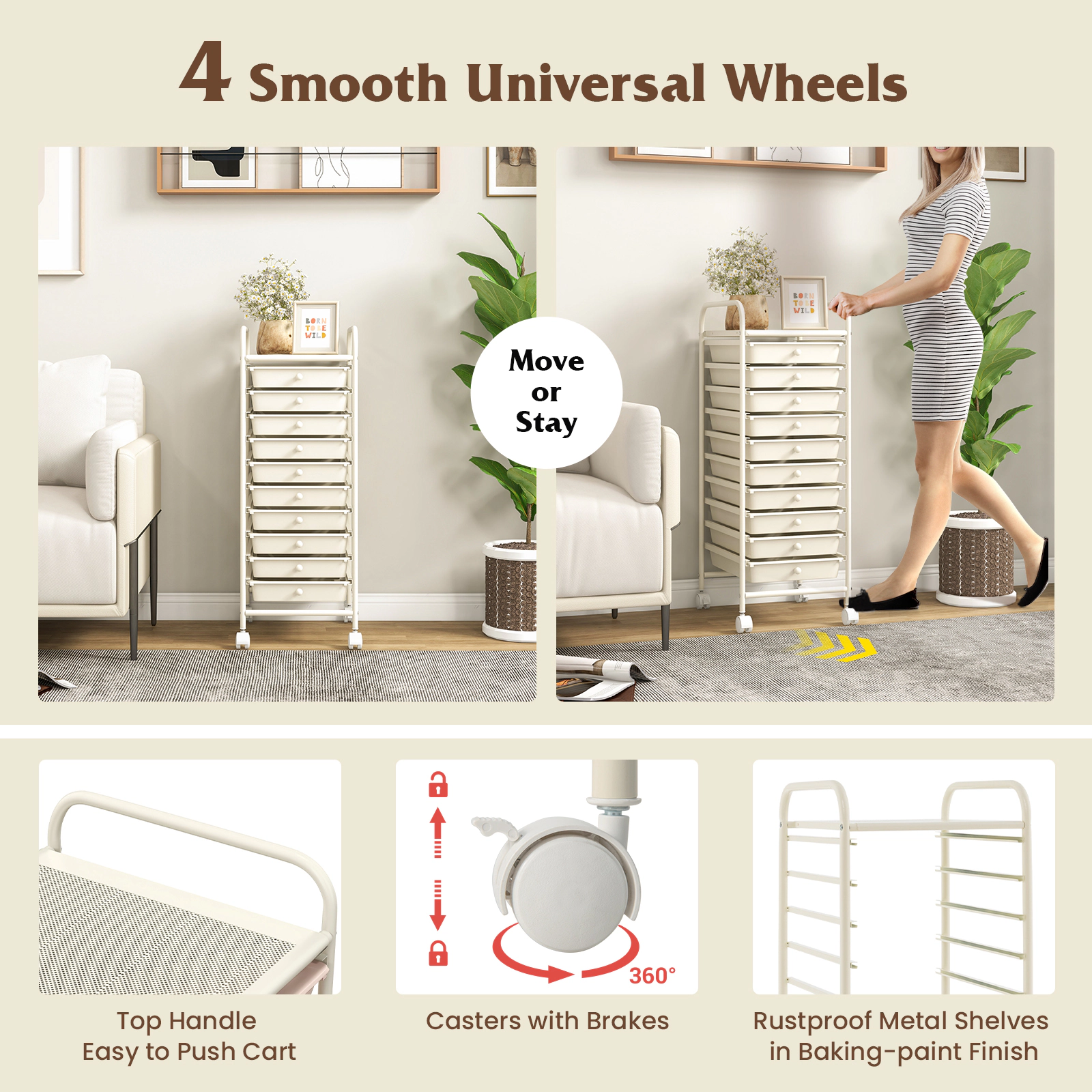 SUGIFT White 10-Drawer Rolling Storage Cart Organizer with Steel Frame and 2 Locking Casters for Office