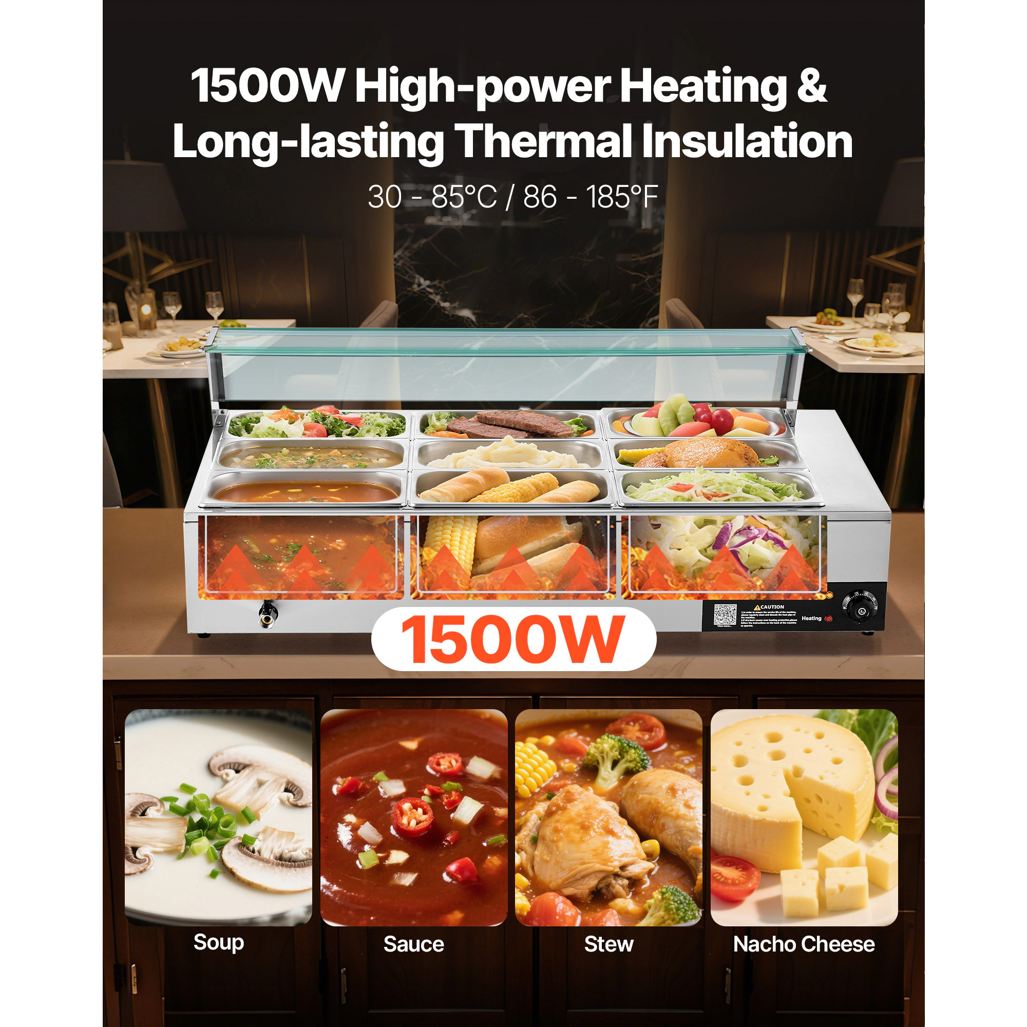 HONGGE Commercial Food Warmer Electric Stainless Steel Steam Food Warmer with Glass Cover Countertop Buffet Bain Marie
